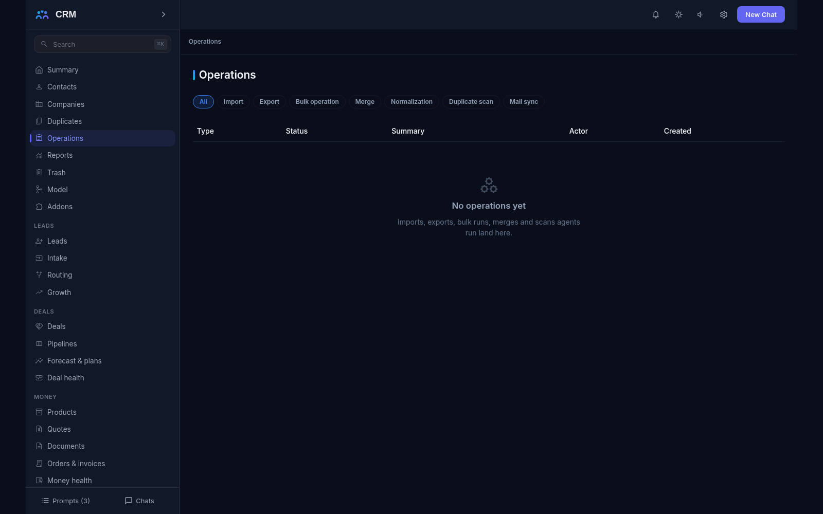 Operations screen with the type filters - import, export, bulk operation, merge, normalization, duplicate scan, mail sync - and an empty results list