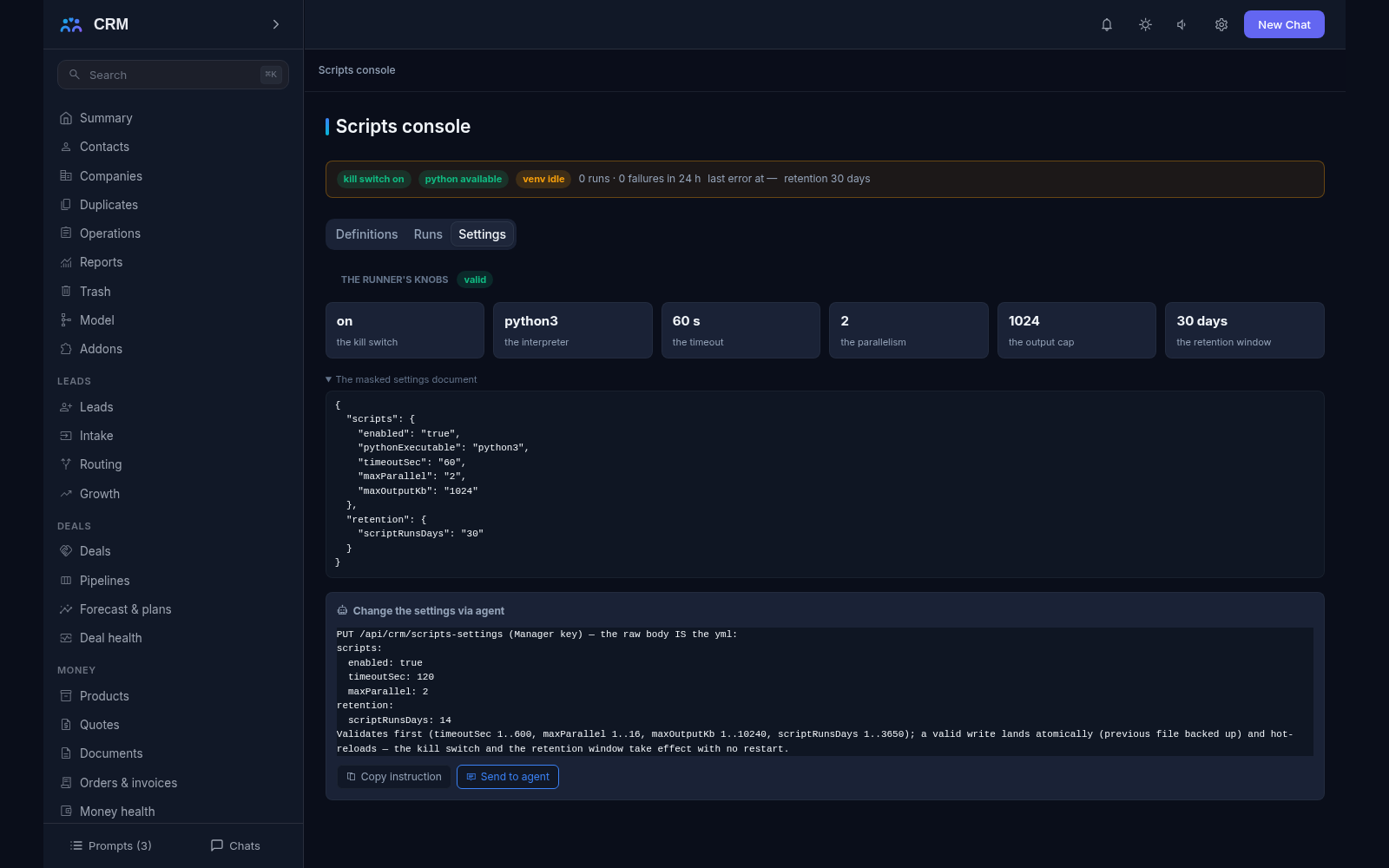 Scripts console, Settings tab: the runner knobs - kill switch, python3 interpreter, timeout, parallelism, output cap, retention - and the masked settings document