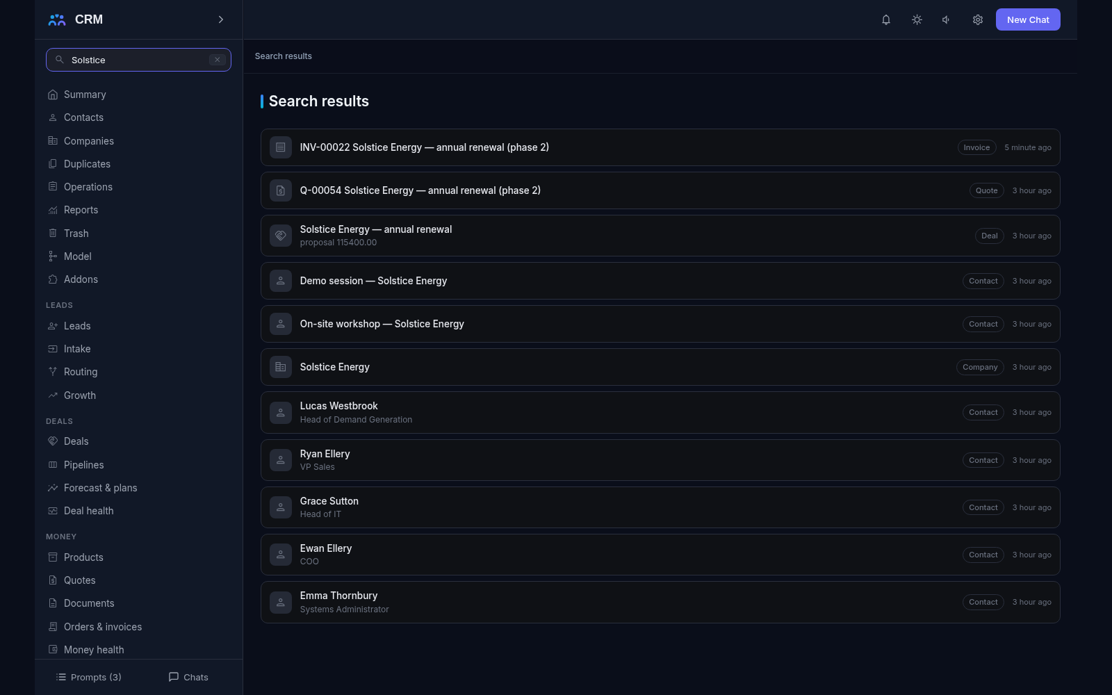 Search results for one query returning several record kinds: invoice, quote, deal, company and contacts