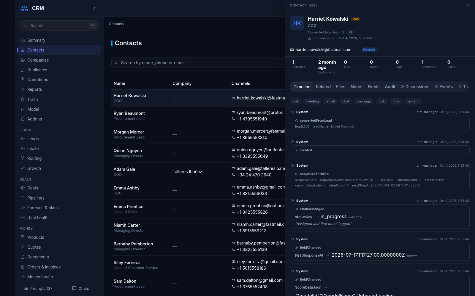 Contact card with the timeline feed open: conversion from a lead, status and field changes, sequence enrolment and the event-type filters