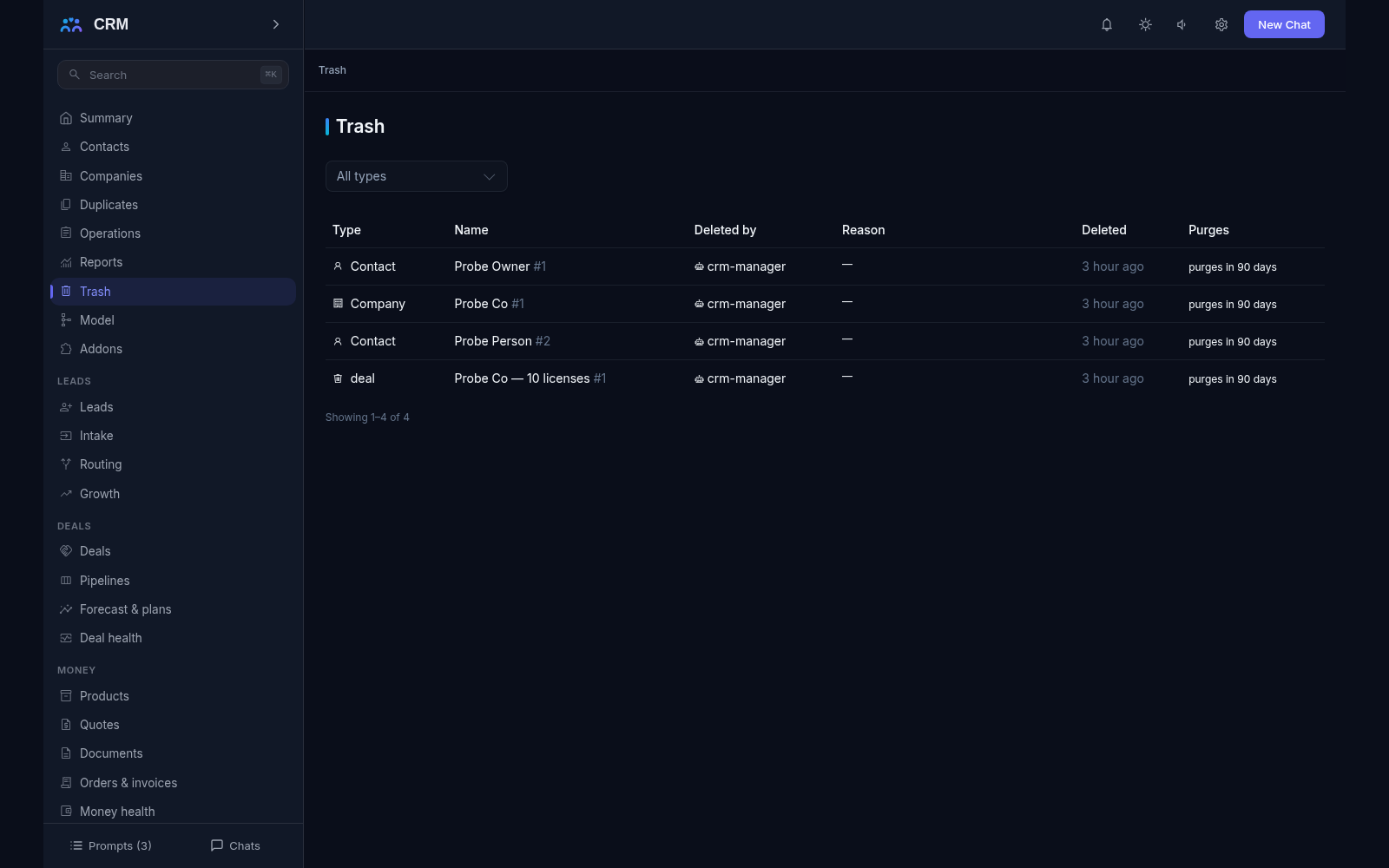 Trash screen: deleted records with the deleter, the delete time and when each row purges