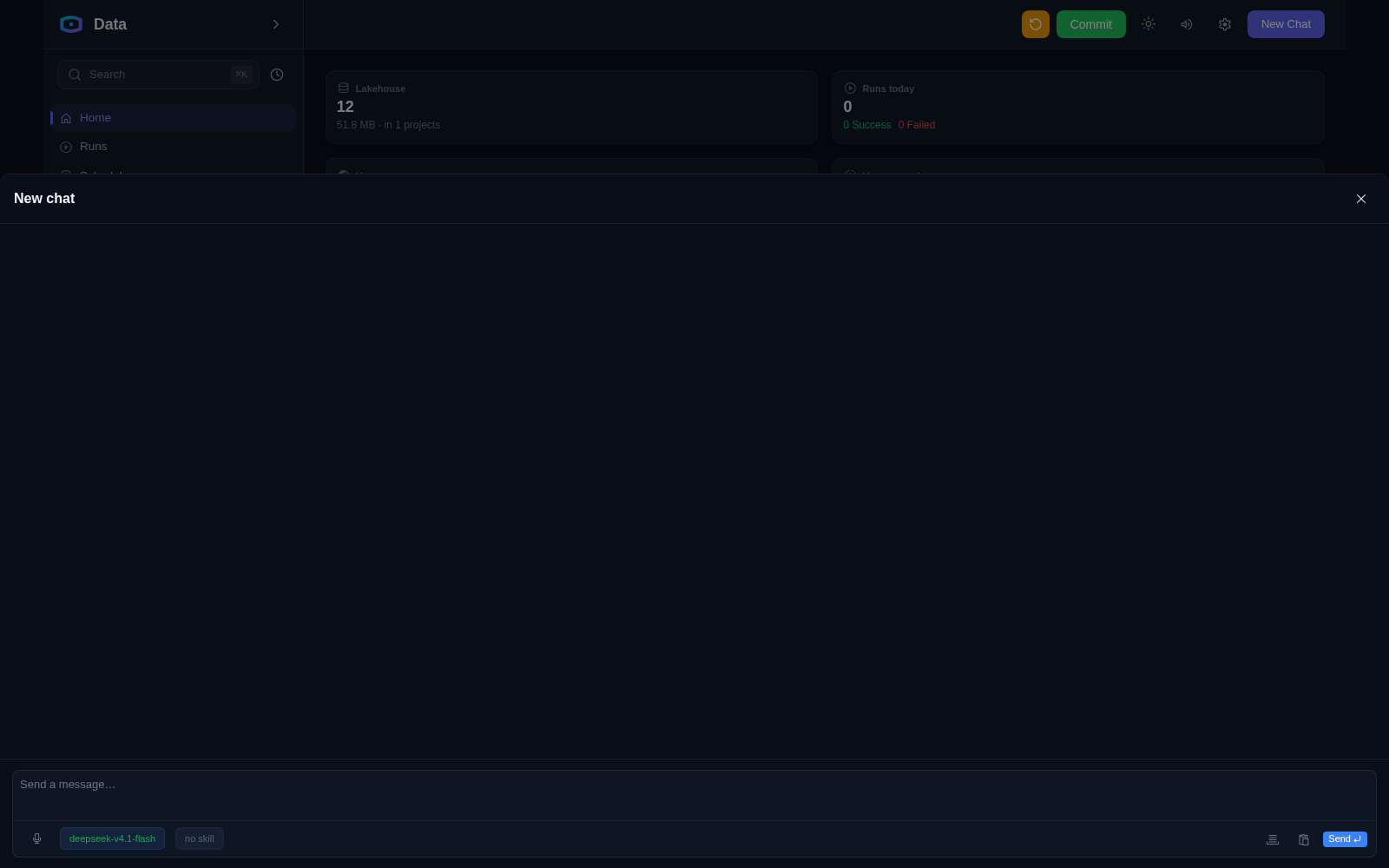 New chat drawer in Data Agent: describe the task in words, pick a model and a skill