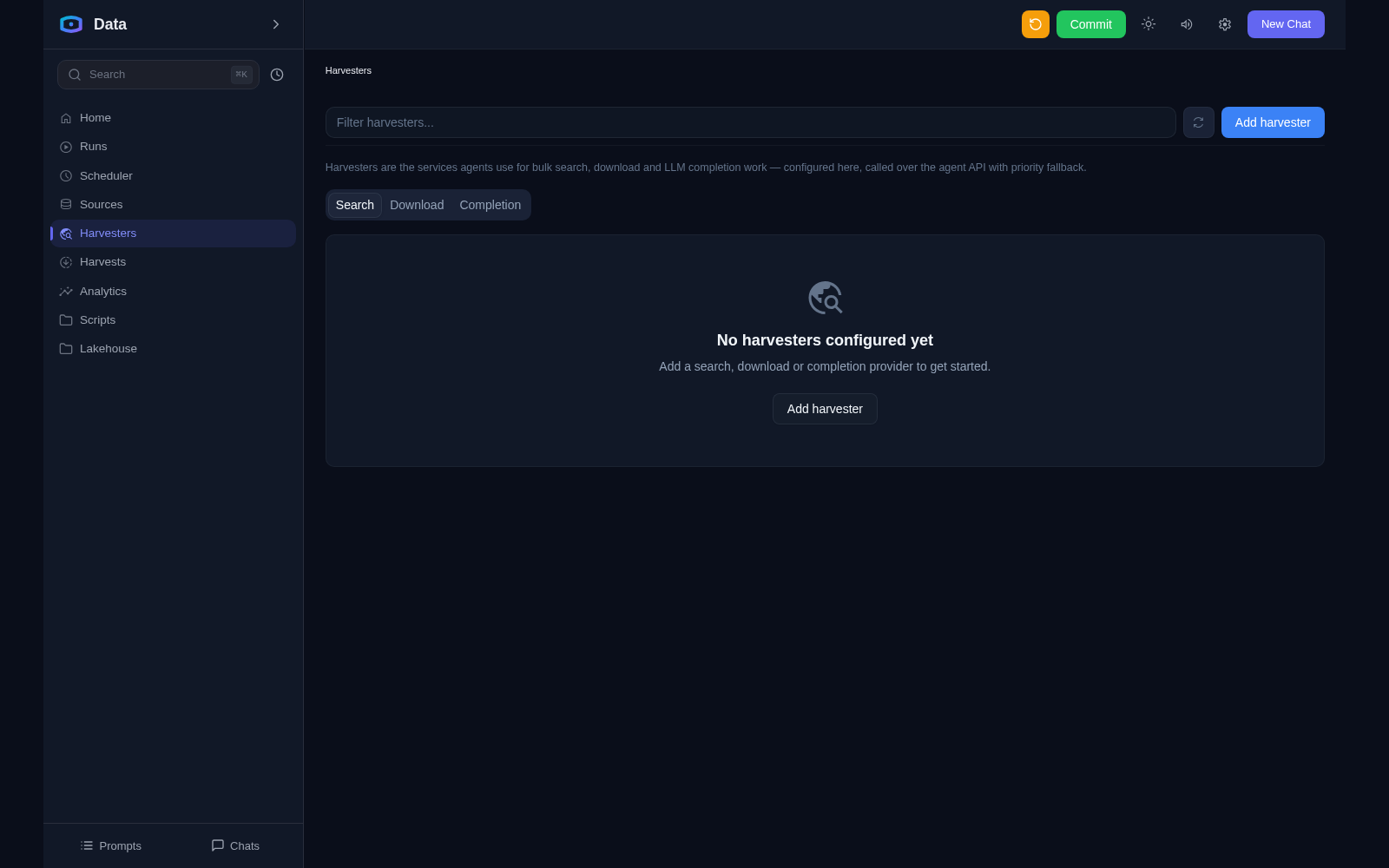 Harvesters view in Data Agent: Search, Download and Completion provider tabs — none configured in the demo yet