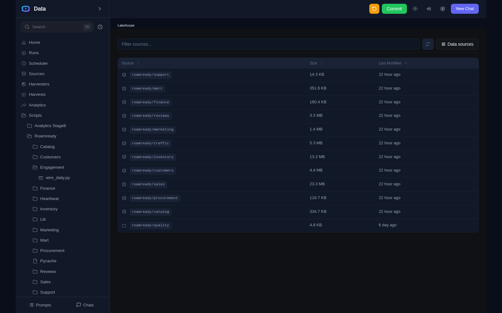 Lakehouse in Data Agent: data sources of the roamready project with sizes and freshness