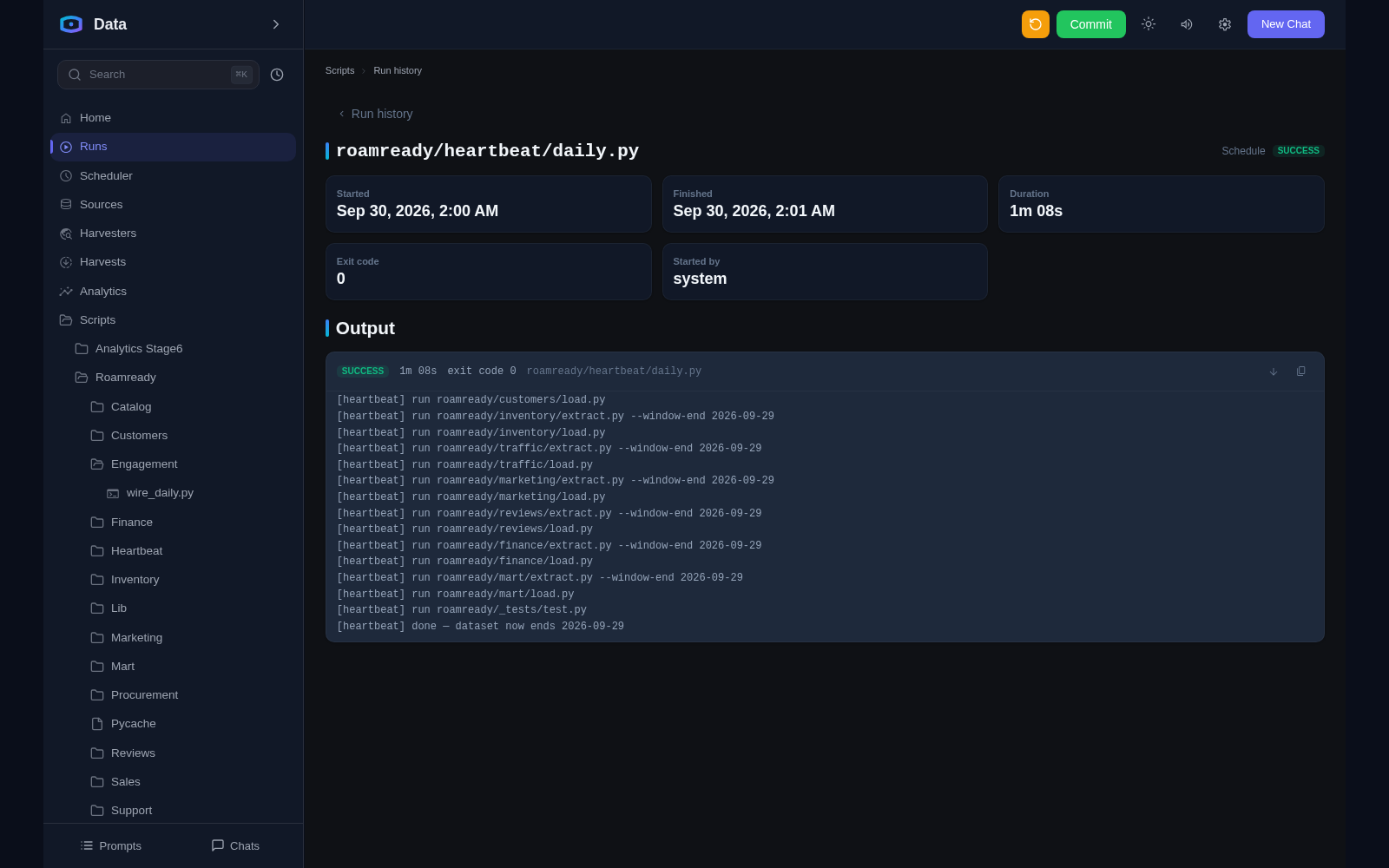 Run detail in Data Agent: status, duration, exit code and the output of roamready/heartbeat/daily.py