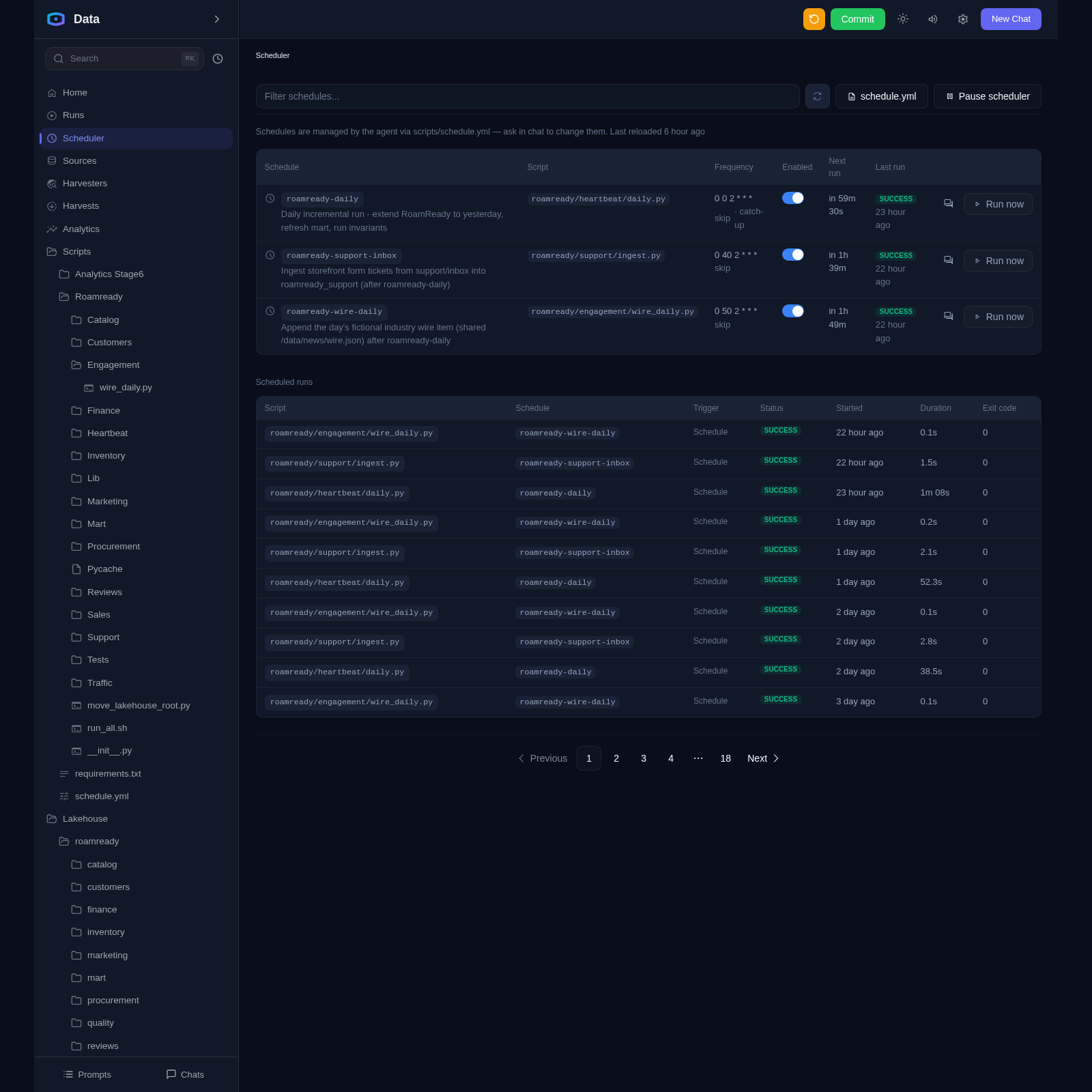 Scheduler in Data Agent: schedule entries with intervals, next run times and run history