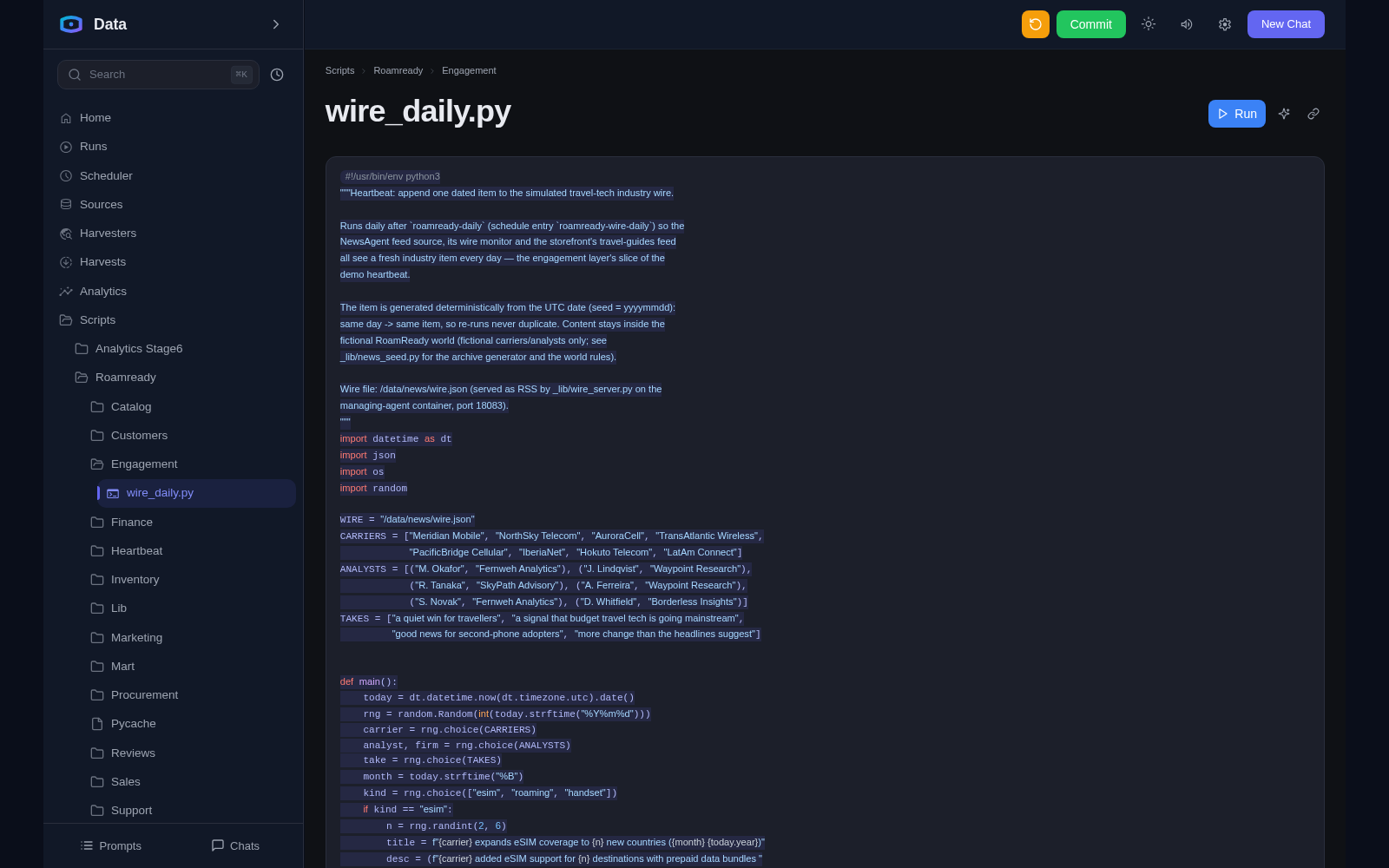 Scripts view in Data Agent: folder tree and the code page of wire_daily.py with a Run button