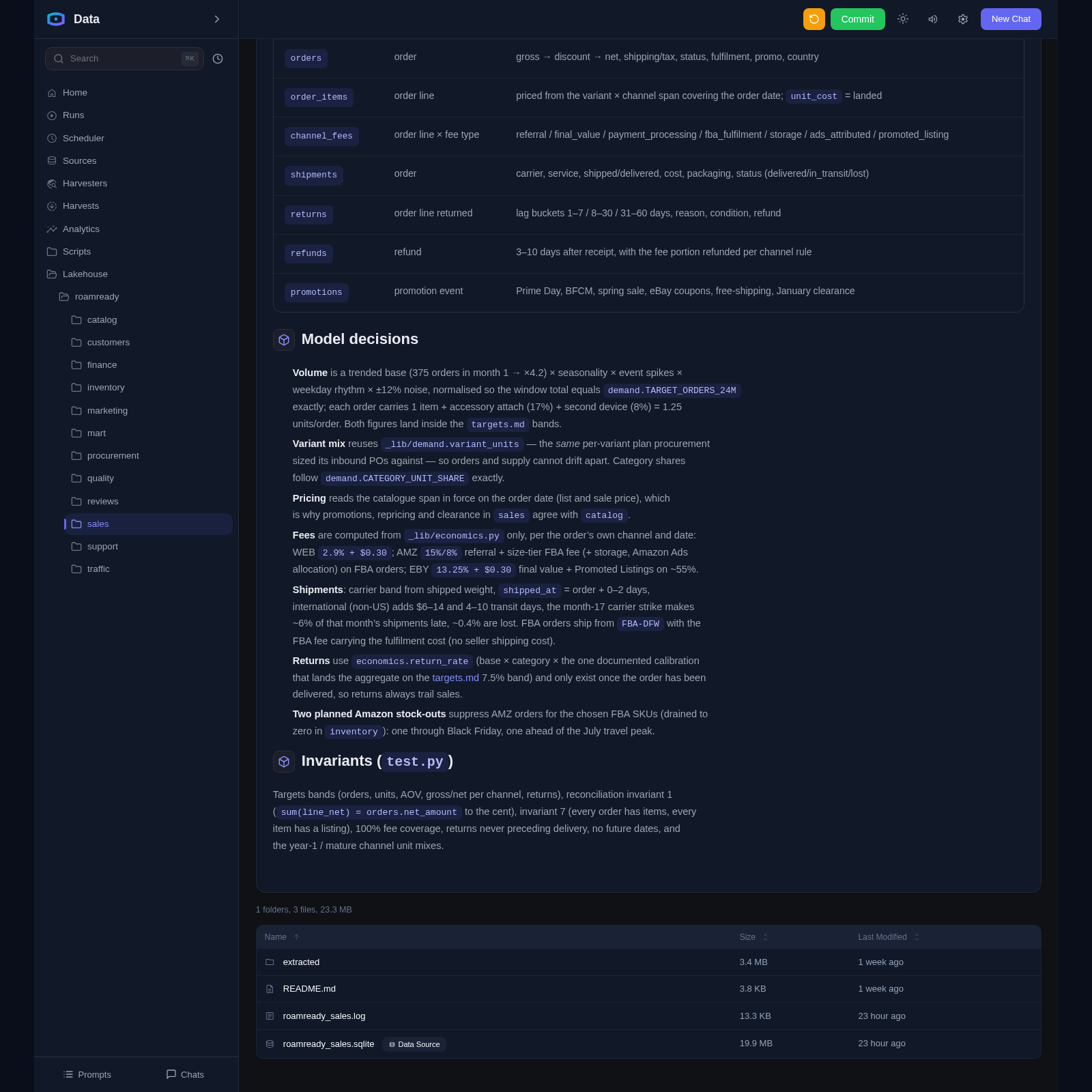Lakehouse source folder in Data Agent: README sections and the data files including the roamready_sales.sqlite database