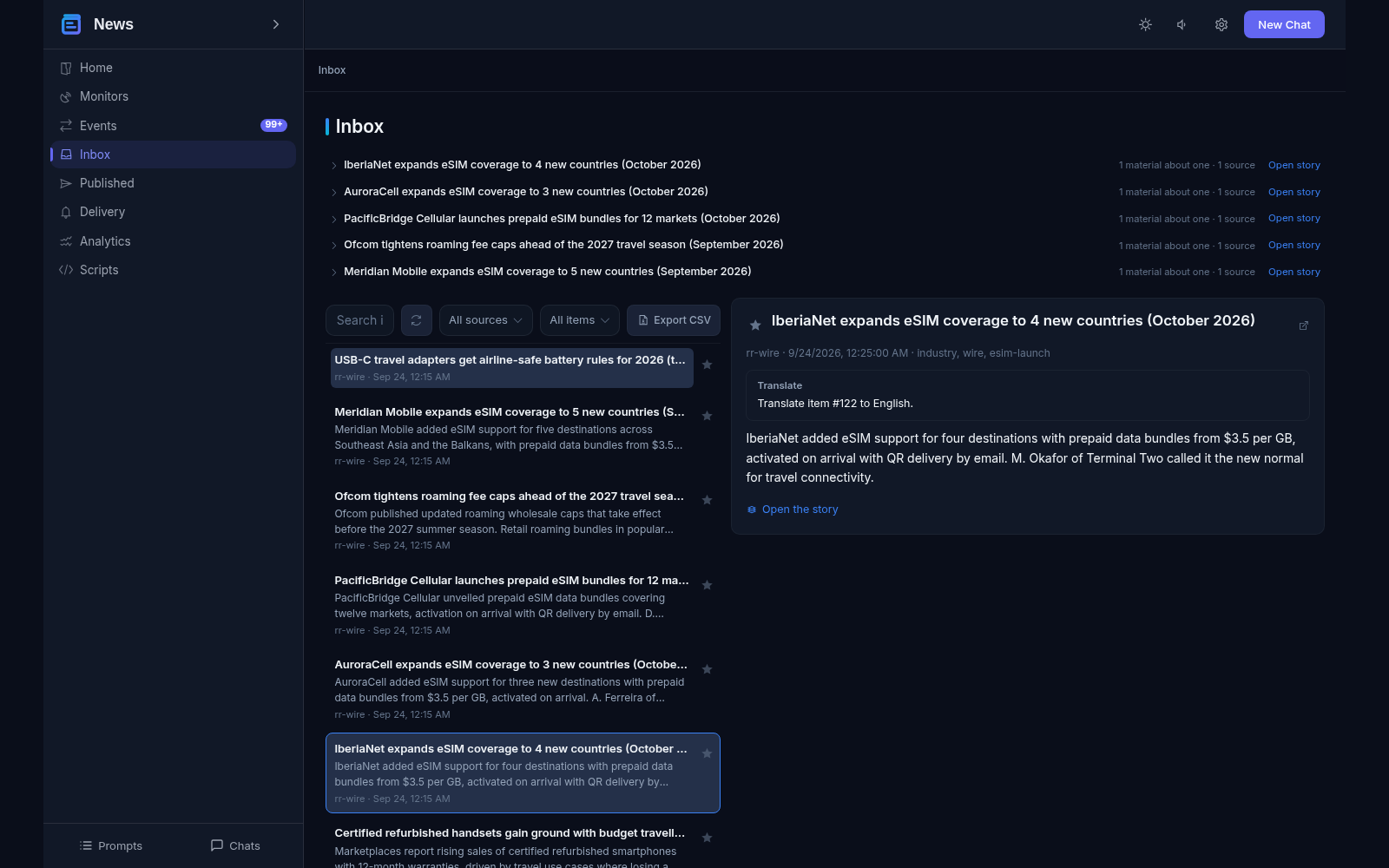 Inbox view: collected item cards with source and time, the open item with a link to the original page, tags and a translate command for the agent