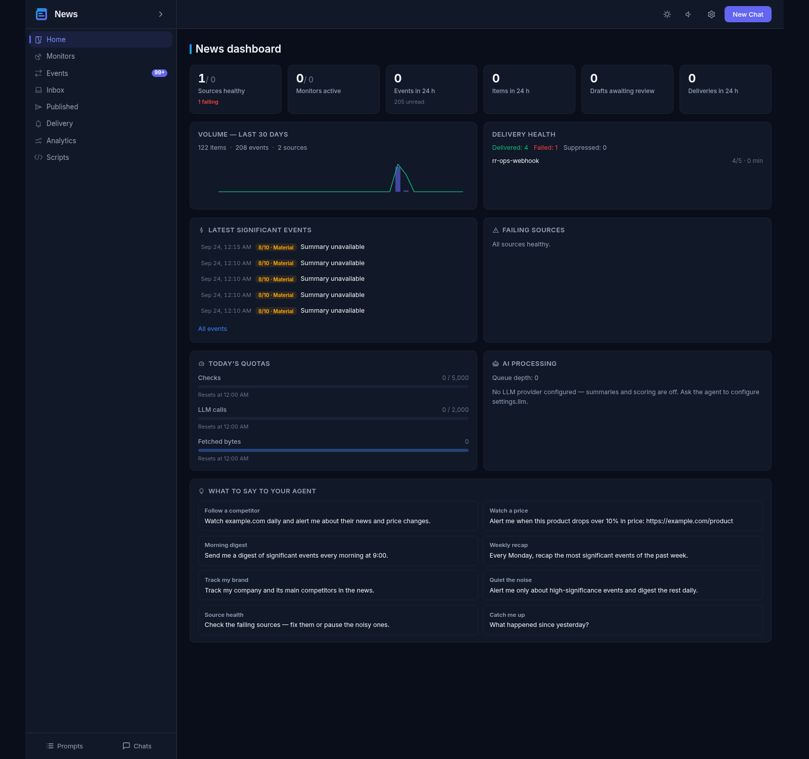 Dashboard command cards in plain language: follow a competitor, watch a price, morning digest, quiet the noise — rules without programming, sent to the agent