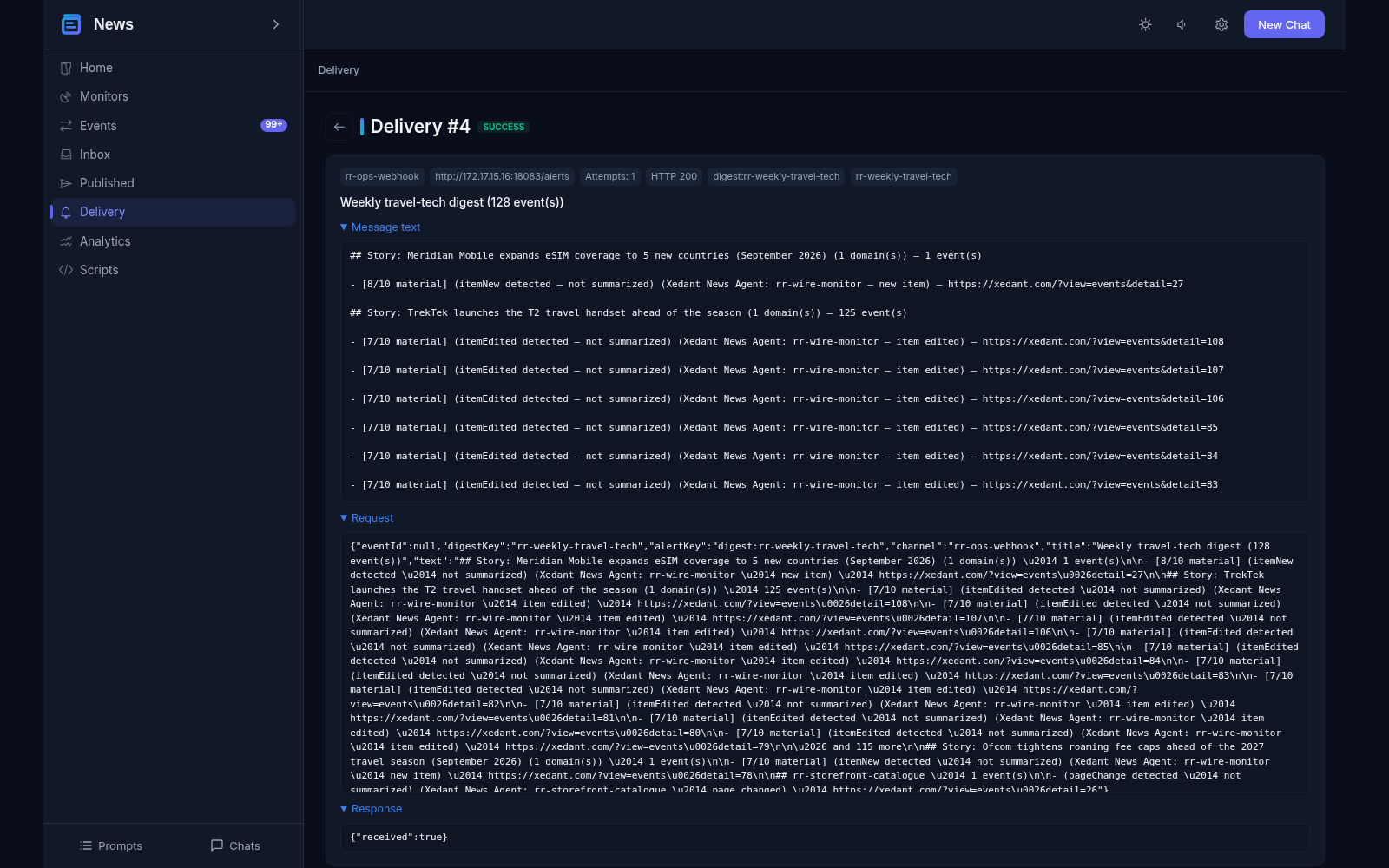 Digest delivery detail: digest key and channel chips, the expanded digest text of grouped stories, the JSON request and the received response