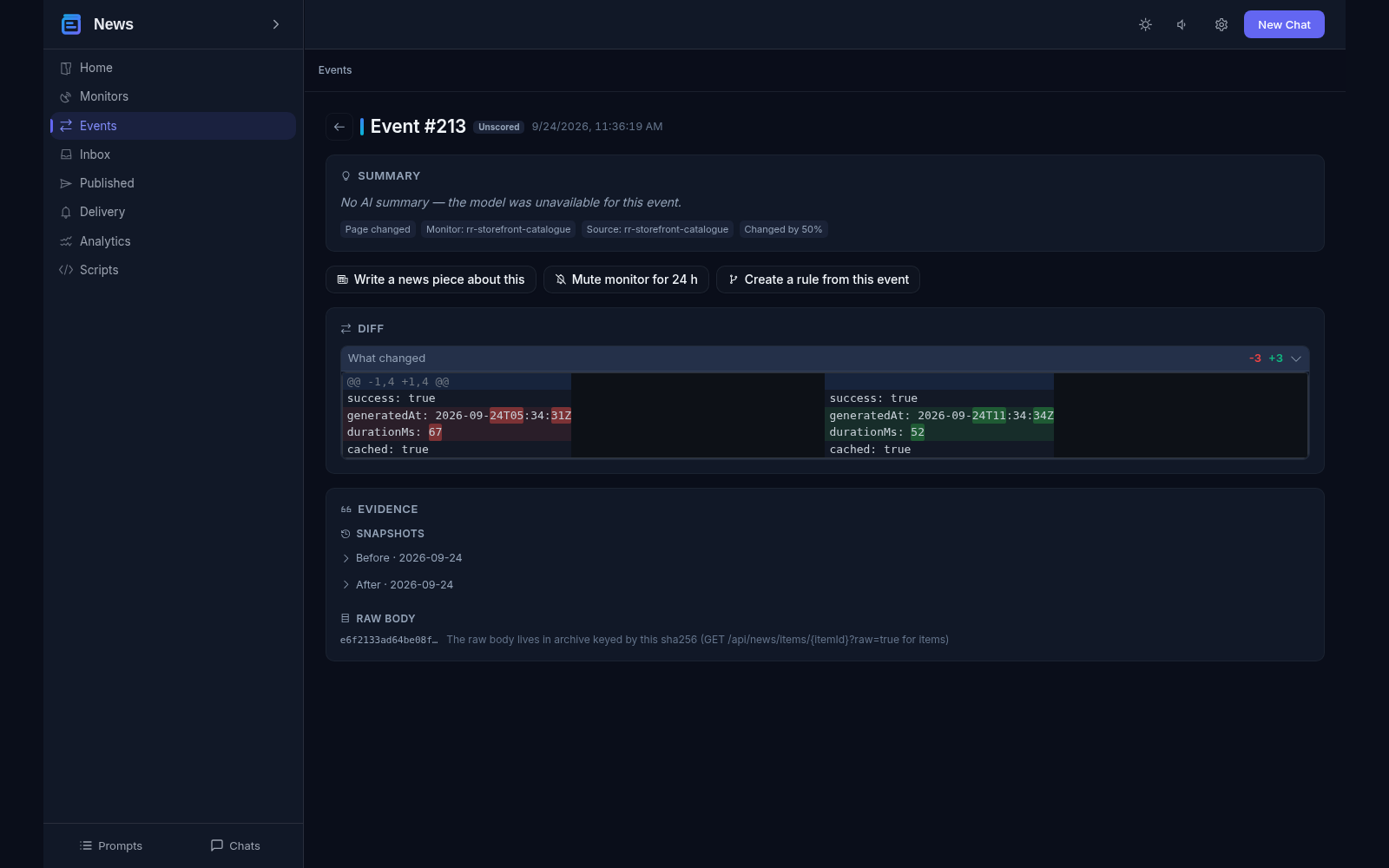 Event detail view: facts row, a before-and-after diff with highlighted changes, evidence snapshots and the raw-body archive hash