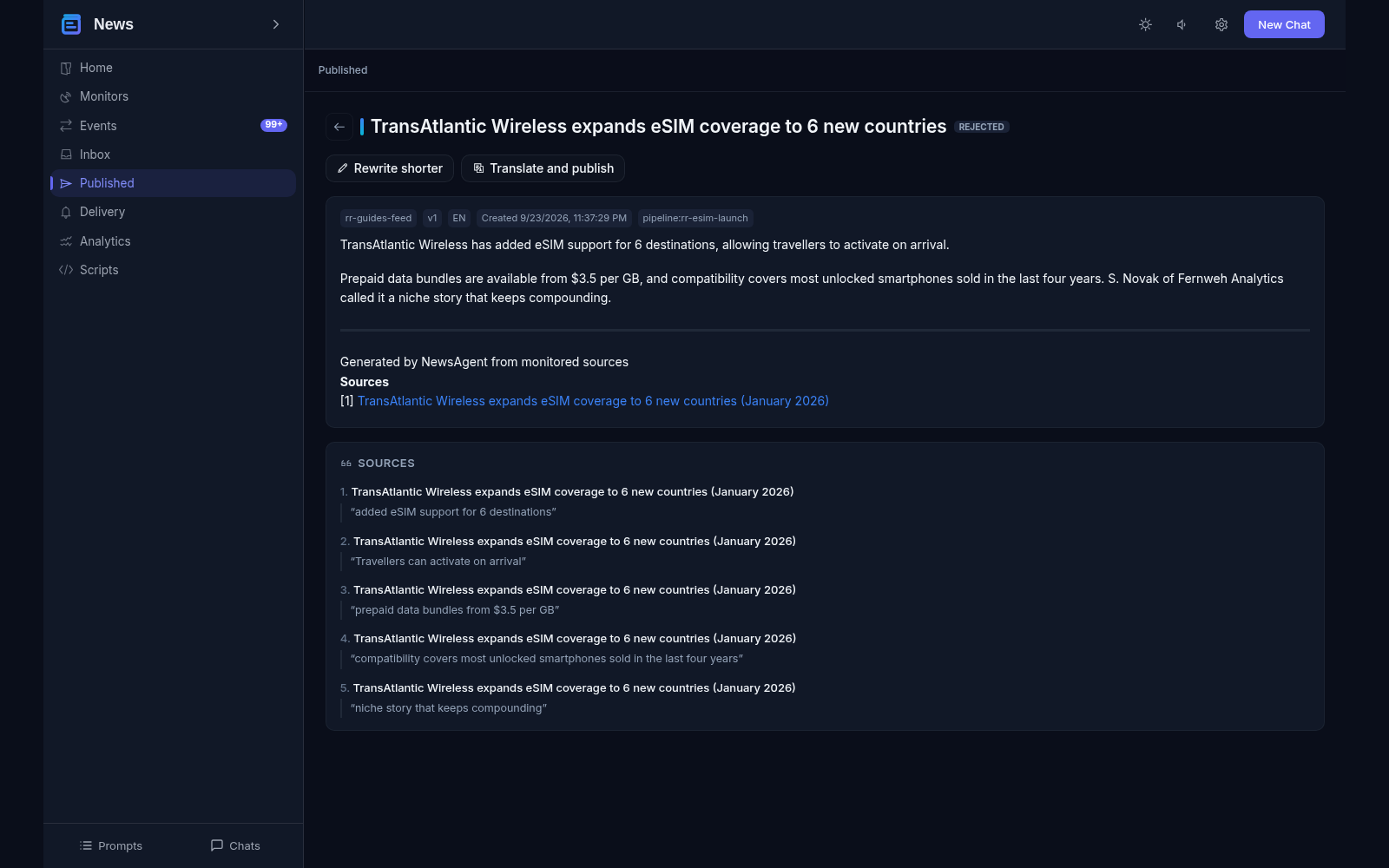 Publishing draft view: generated article text with a review badge, rewrite and translate actions, and the sources list with quoted fragments checked against the originals