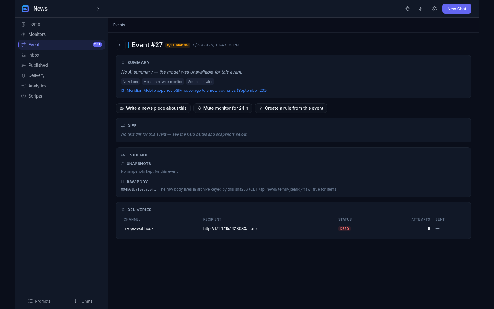 Scored event detail: an 8 of 10 Material significance band beside the heading, summary state, monitor and source facts with its delivery attempts