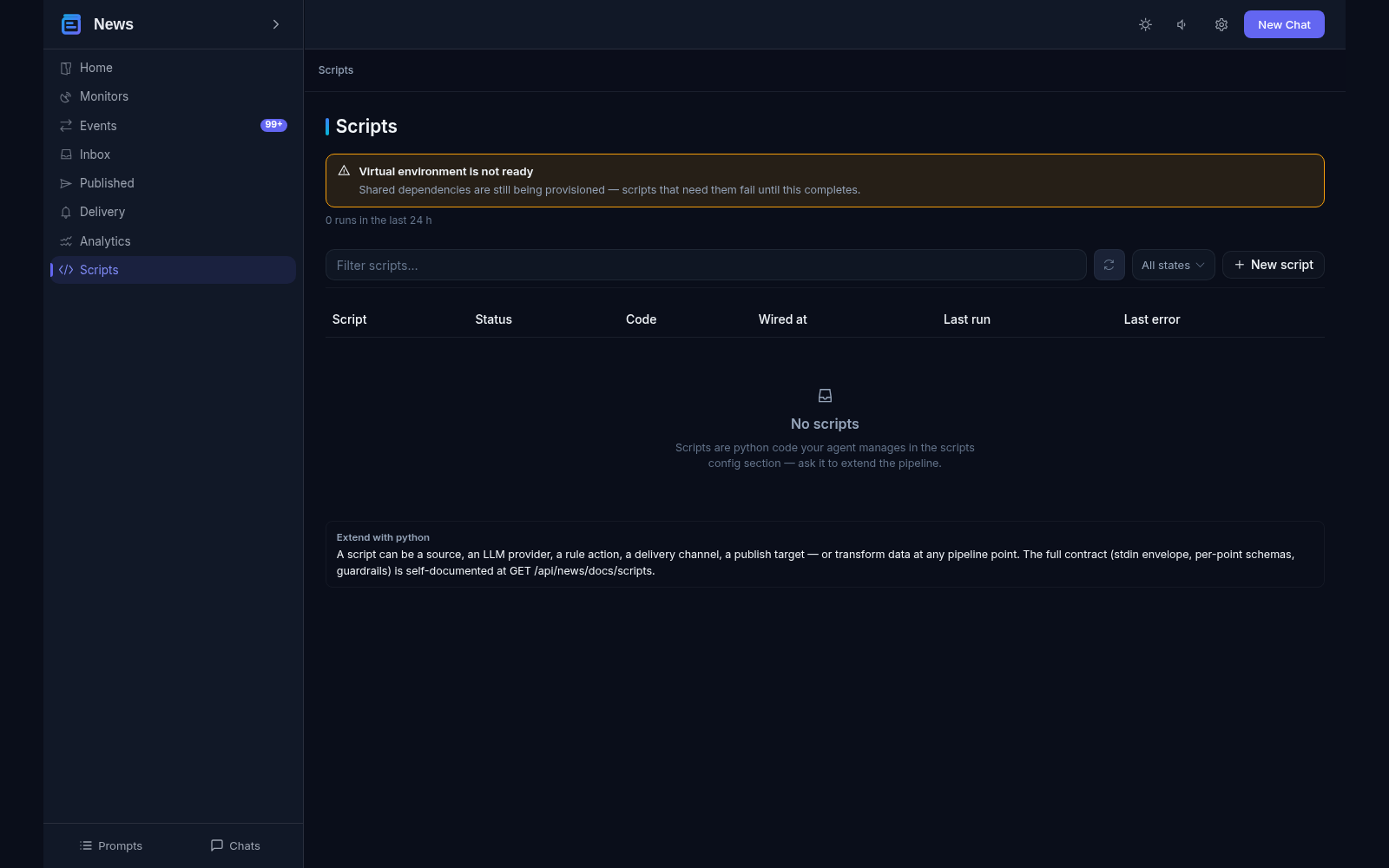 Scripts view: a script can be a source, an LLM provider, a rule action, a delivery channel or a publish target — the contract is self-documented by the API