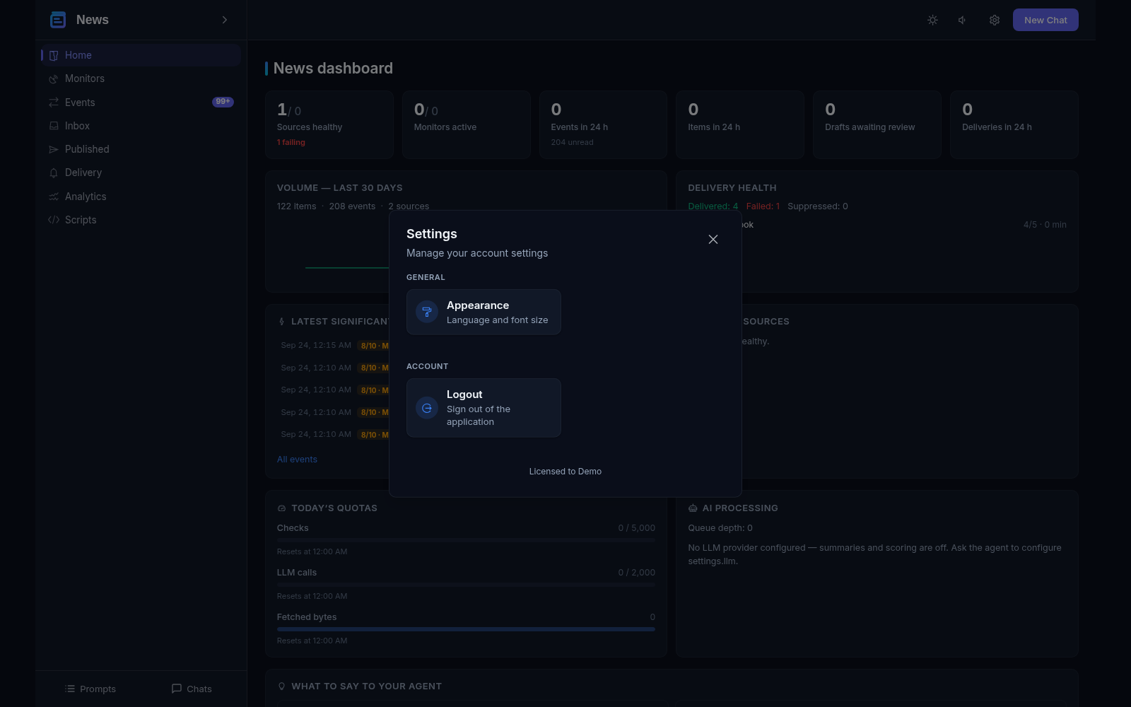Settings dialog over the dashboard: only appearance and account live in the UI — the rest of the configuration lives in text files and the management API