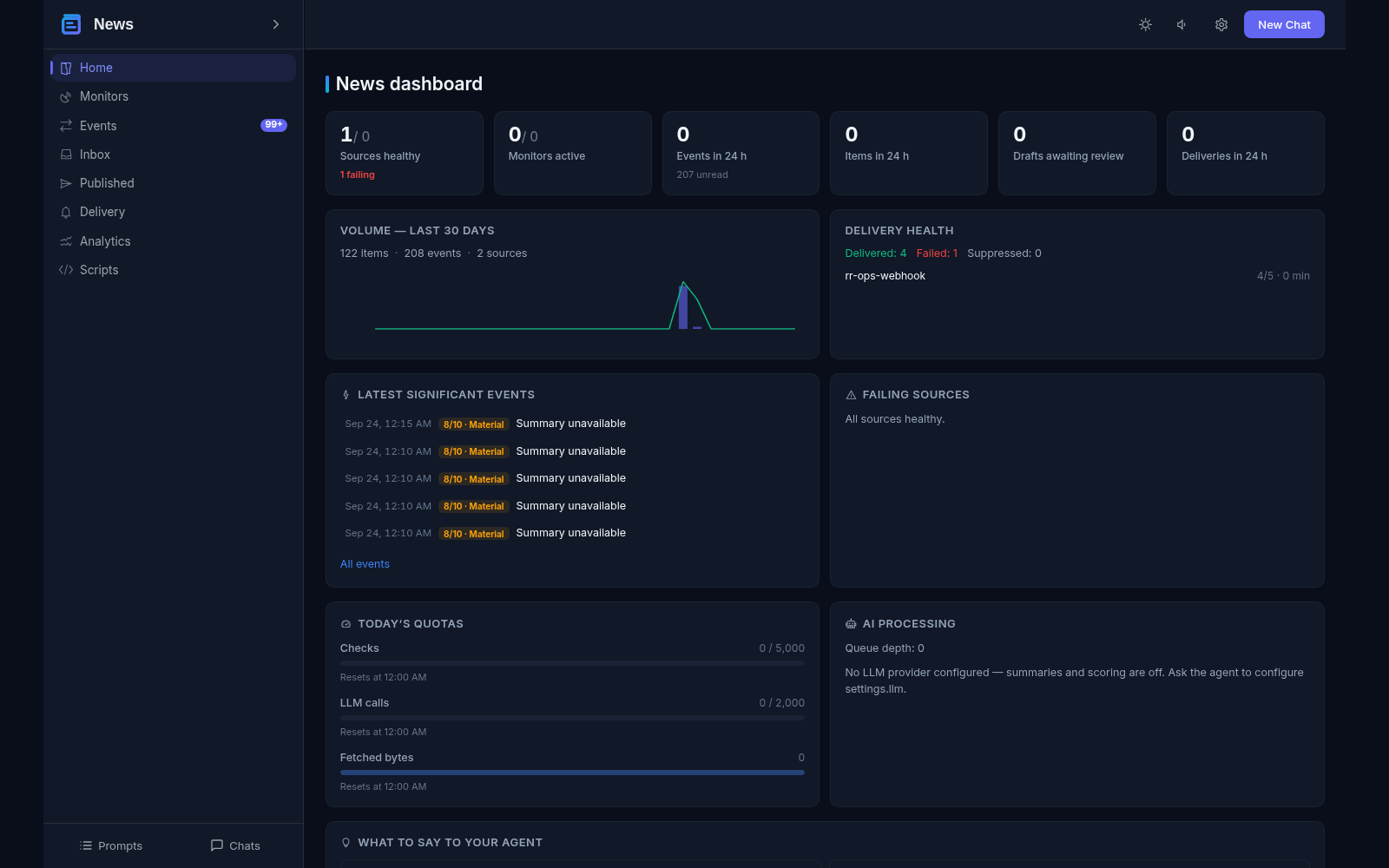News dashboard of the demo app: a Sources healthy tile with one failing source, volume over two sources, delivery health and failing-sources panels