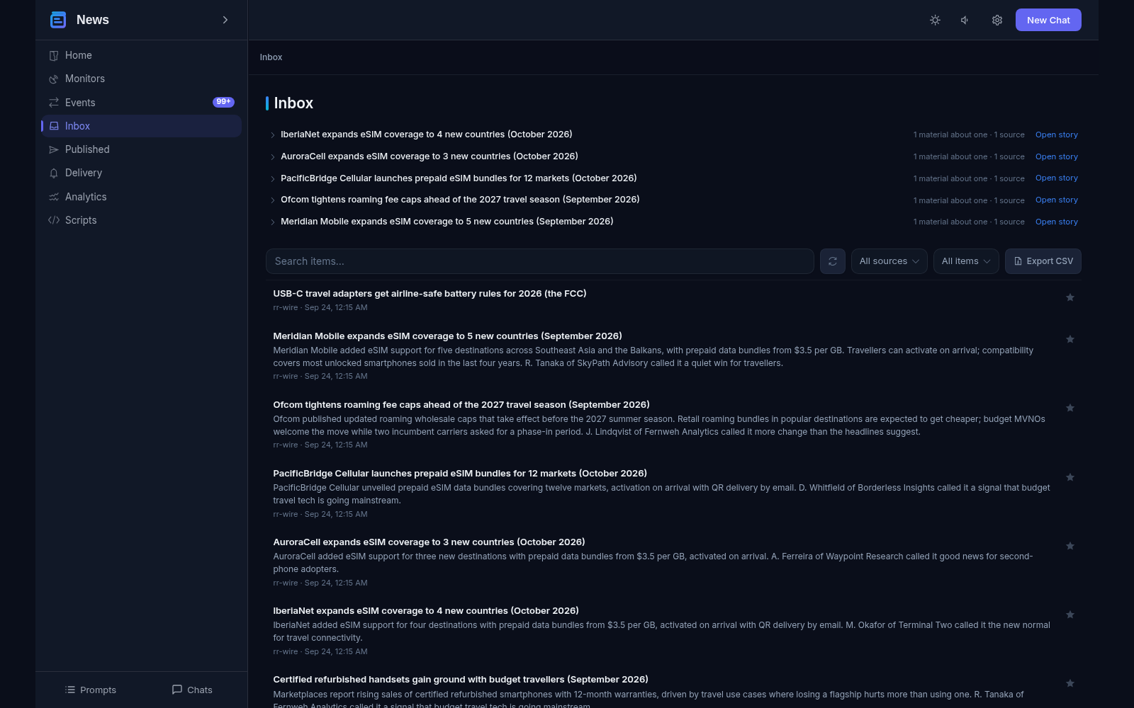 Inbox view: story rows with material and source counters above a feed of story cards, each with title, summary and source meta