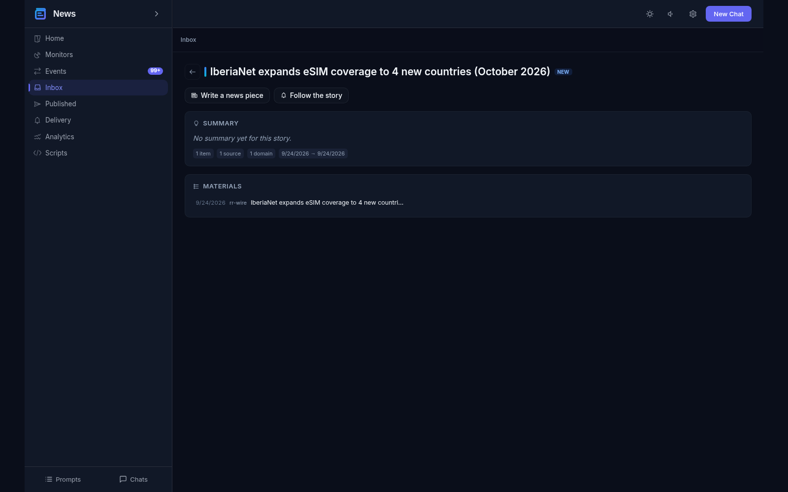 Story detail view: heading with a NEW badge, agent actions, summary state and a facts row of item, source and domain counters with the materials list