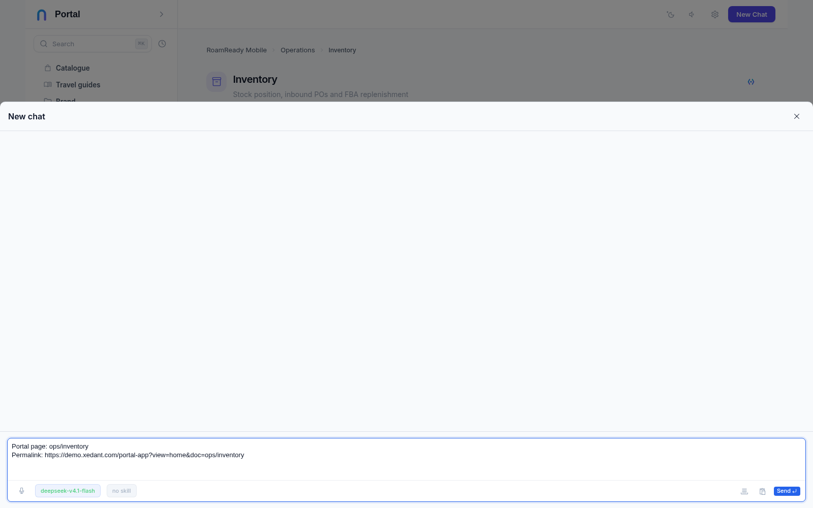 The 'Edit with agent' button opens a chat with the page context already in the input: 'Portal page: ops/inventory' with a permalink, ready for an instruction in plain words