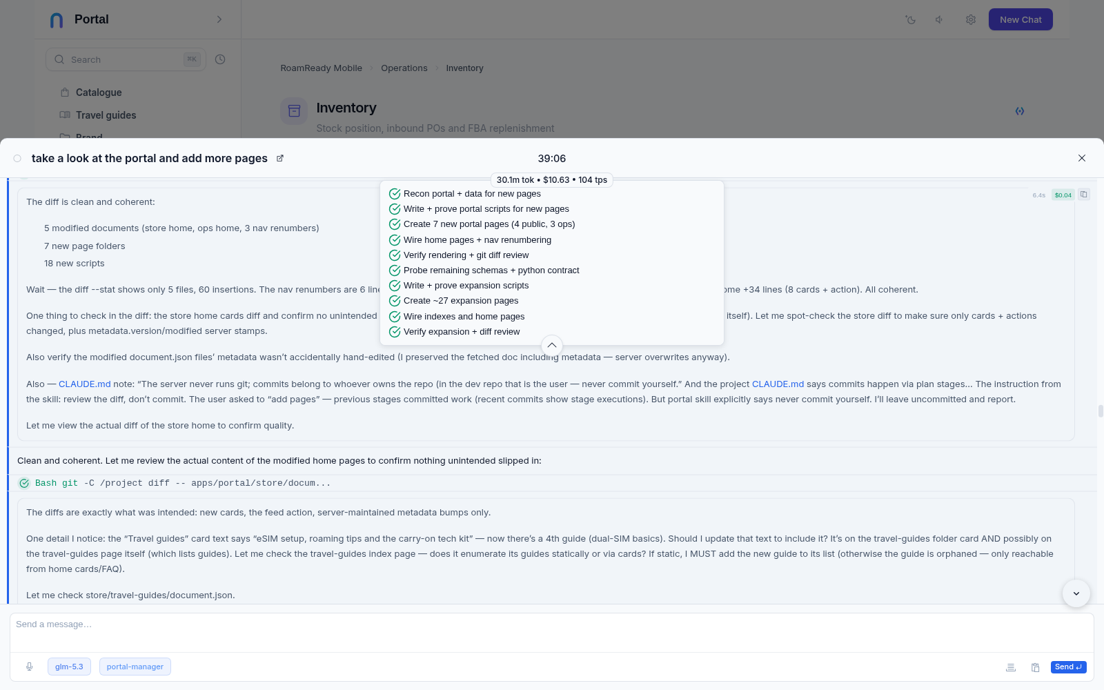 The managing agent reviews its git diff in the chat: 5 modified documents, 7 new page folders and 18 new scripts in the portal's file store