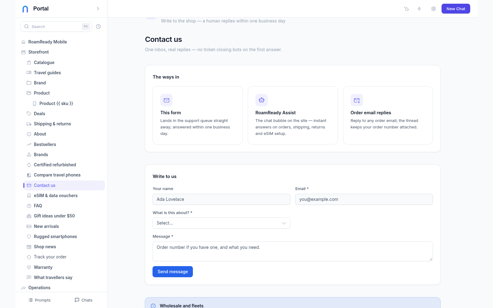 The 'Write to us' form on the contact page: name, email, topic and message fields with required marks and a Send message button