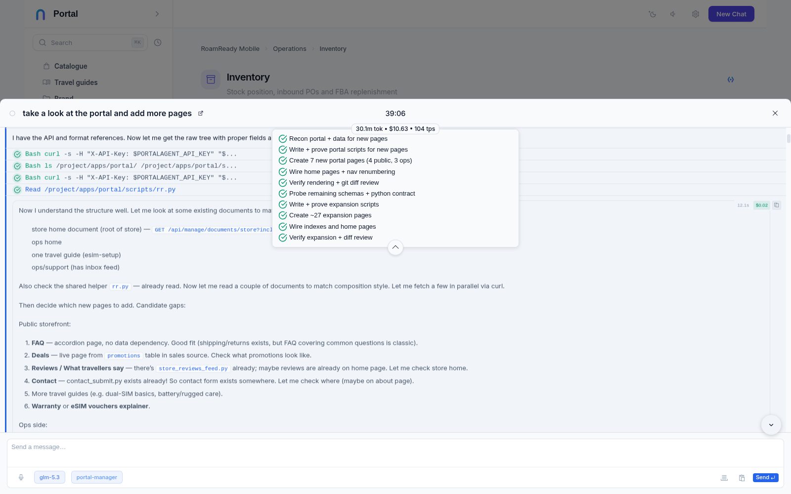 The managing agent calls the portal's management address from the chat: curl requests authorized by the X-API-Key header, with the portal-manager skill selected