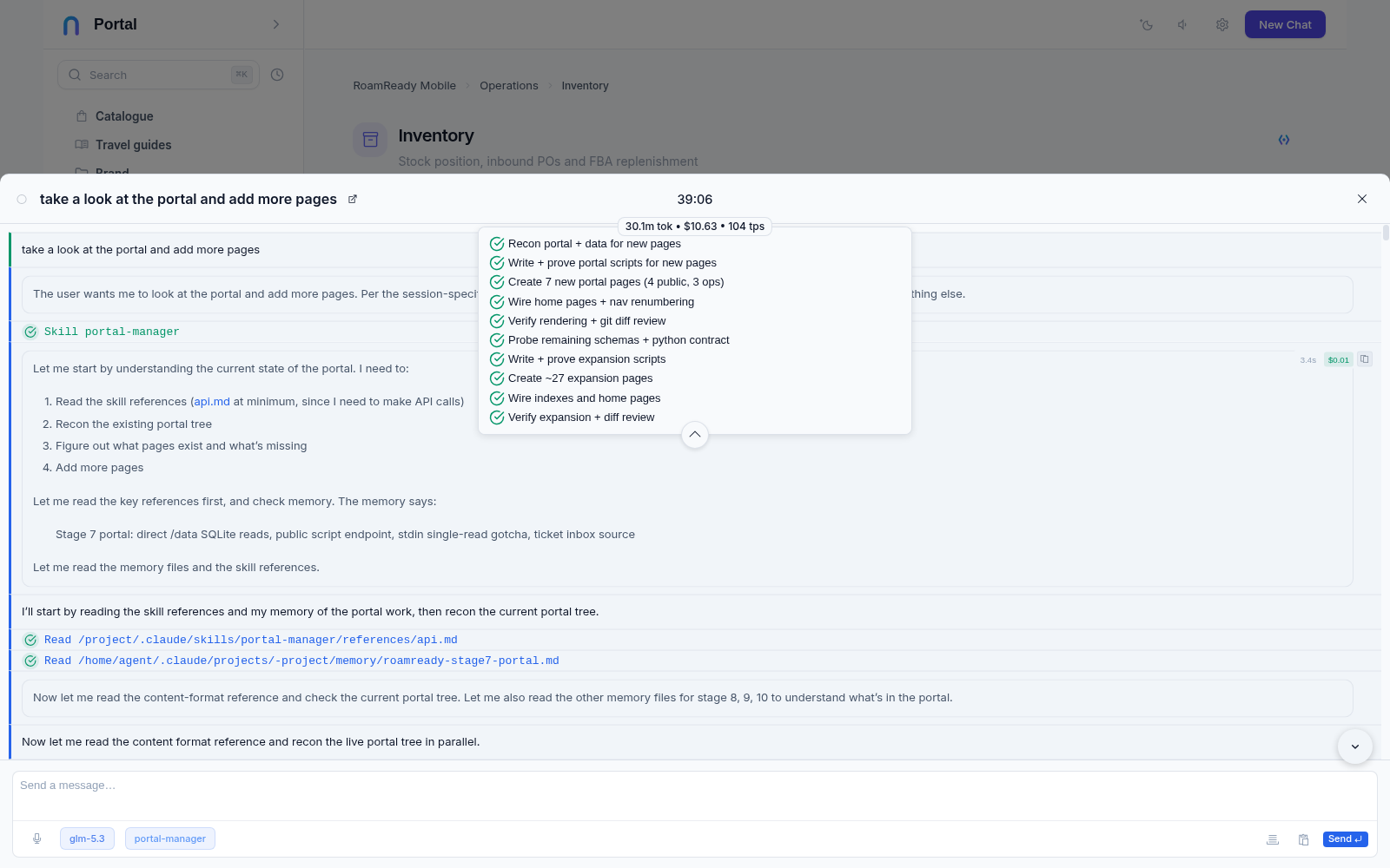 The managing agent at work in the chat: a plan checklist with 'Create 7 new portal pages (4 public, 3 ops)' above the conversation running the portal-manager skill