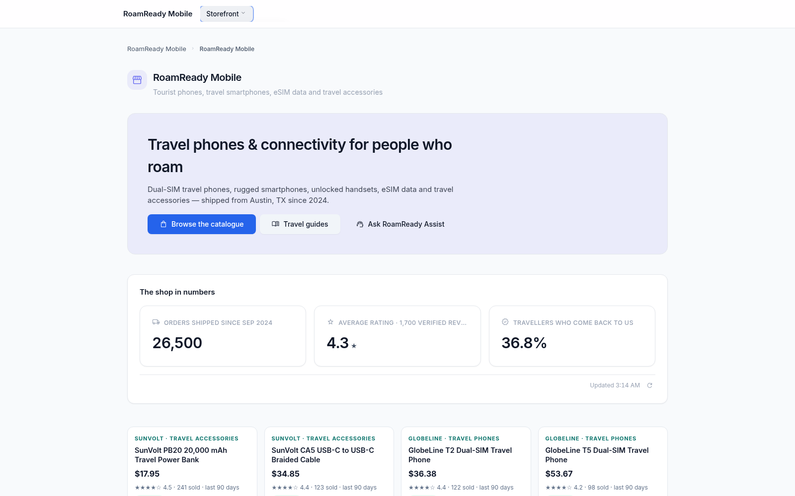 The portal's public site at /p/: visitors get a slim header with the site name and a Storefront menu button, then the shop's hero, live numbers and product cards - no sign-in