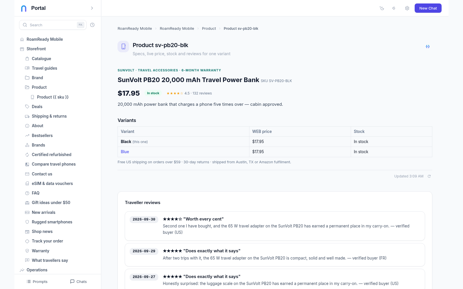 A product page served by the 'Product {{ sku }}' template visible in the sidebar tree; the page shows the live price, stock and links to the other variants