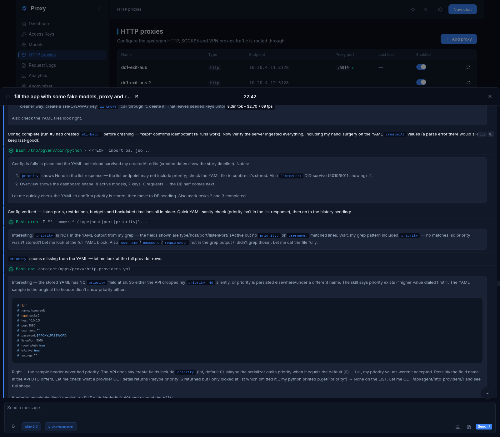 Chat drawer with an agent conversation: bash tool-call cards and YAML snippets, message input with model and proxy-manager skill chips