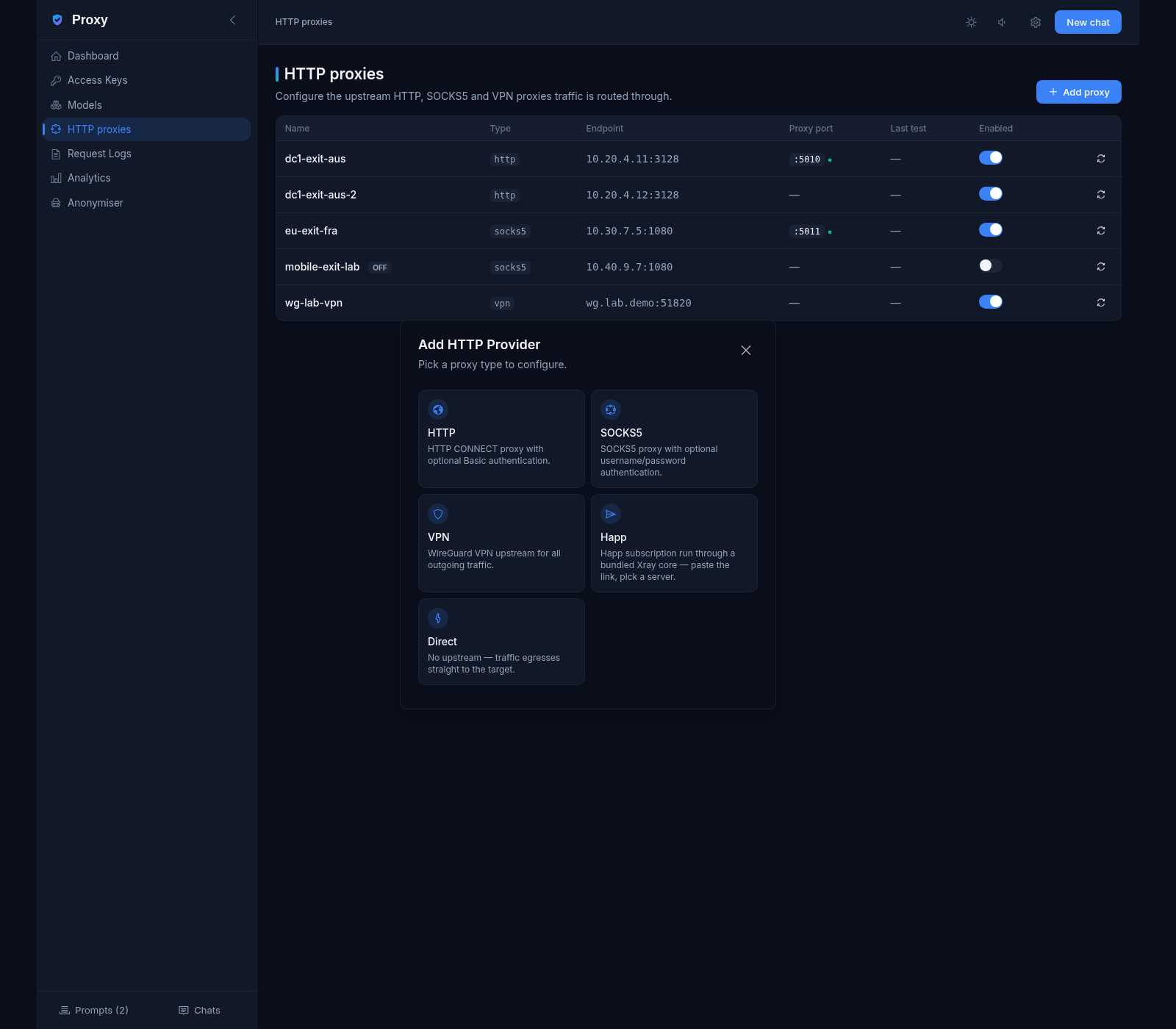 Add HTTP Provider dialog: channel type cards for HTTP, SOCKS5, VPN, Happ subscription (bundled Xray core) and Direct