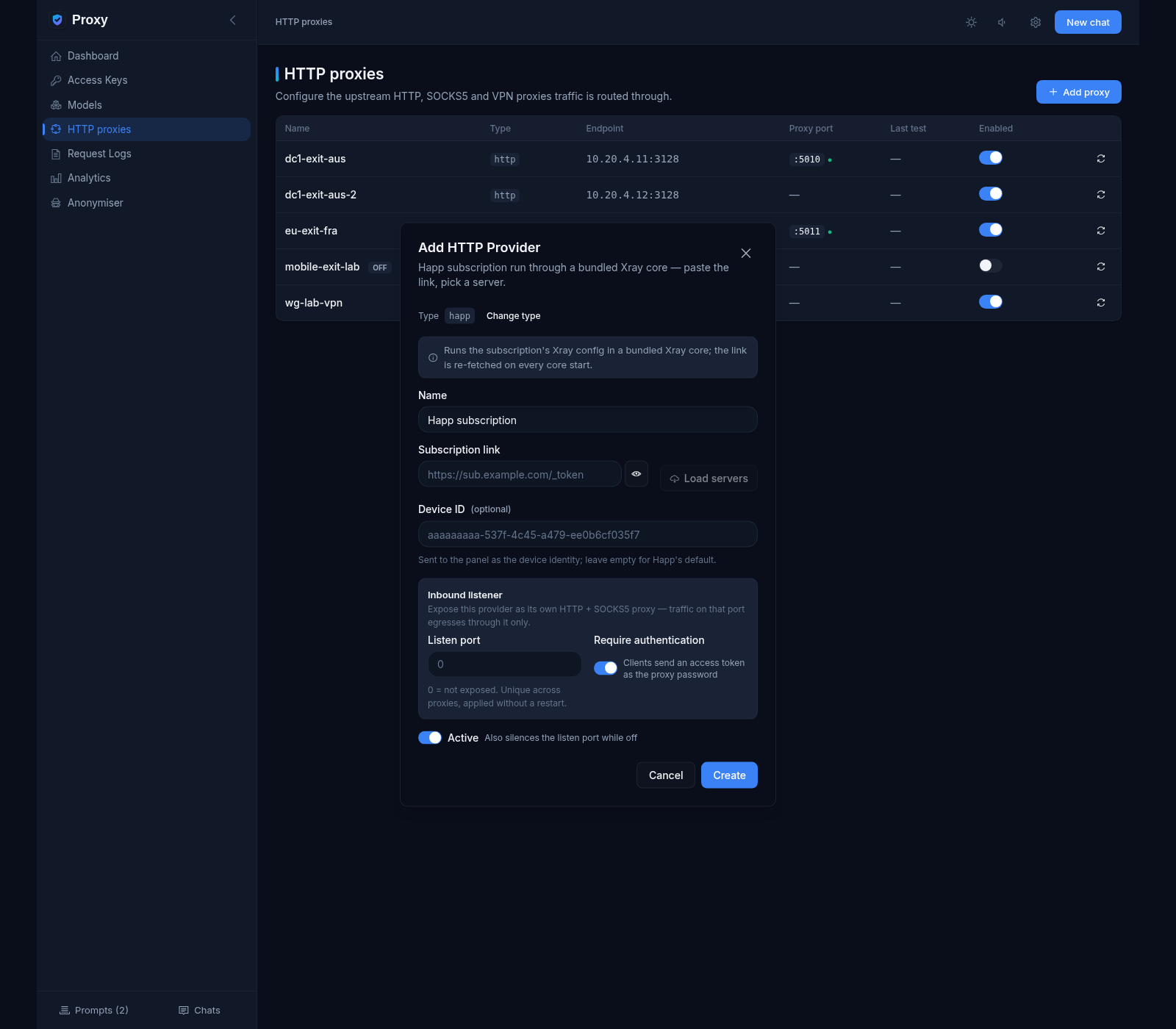 Happ subscription channel setup in the Add HTTP Provider dialog: subscription link field, Load servers button, Device ID and inbound listener, with the bundled Xray core note