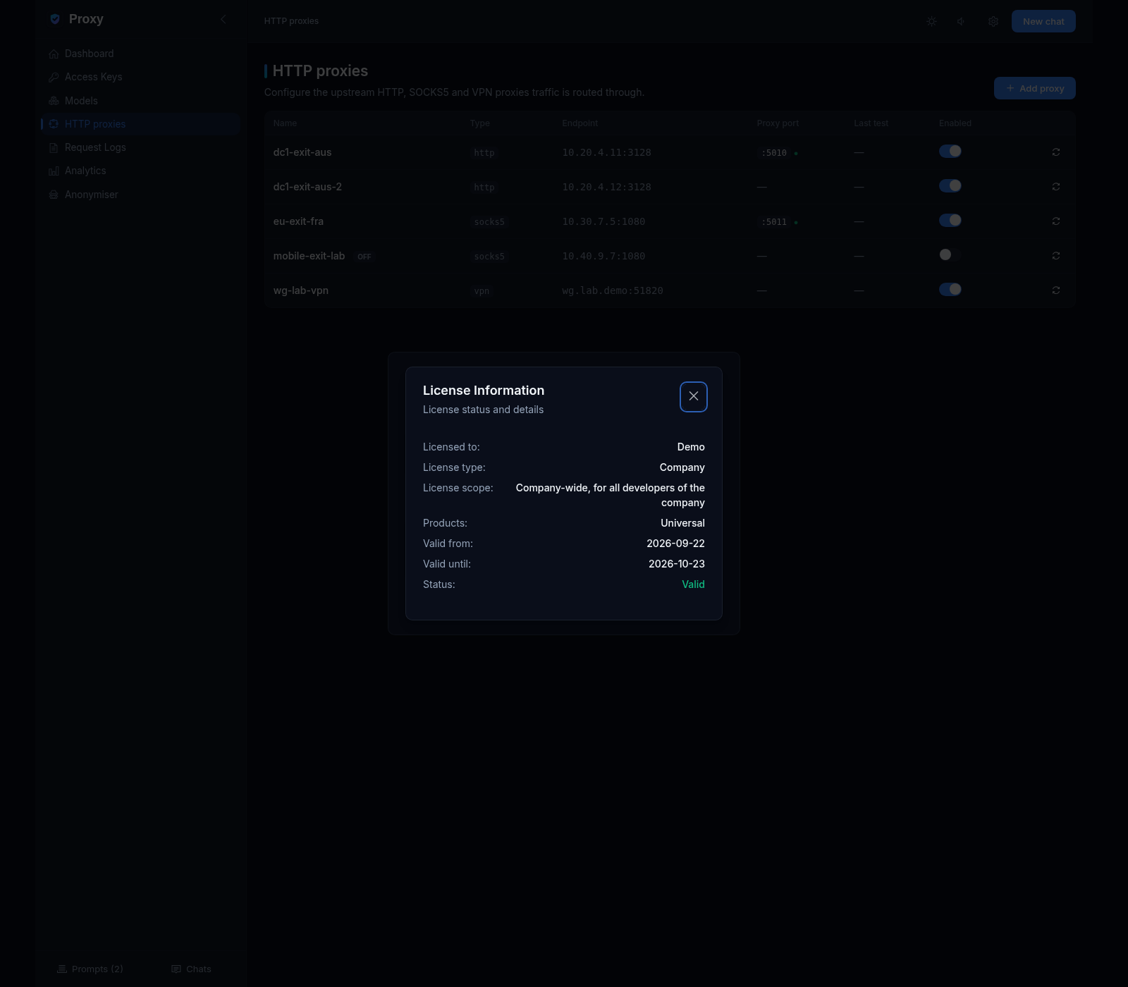 License Information dialog: licensed to Demo, Company type, Universal products, valid 2026-09-22 to 2026-10-23, status Valid