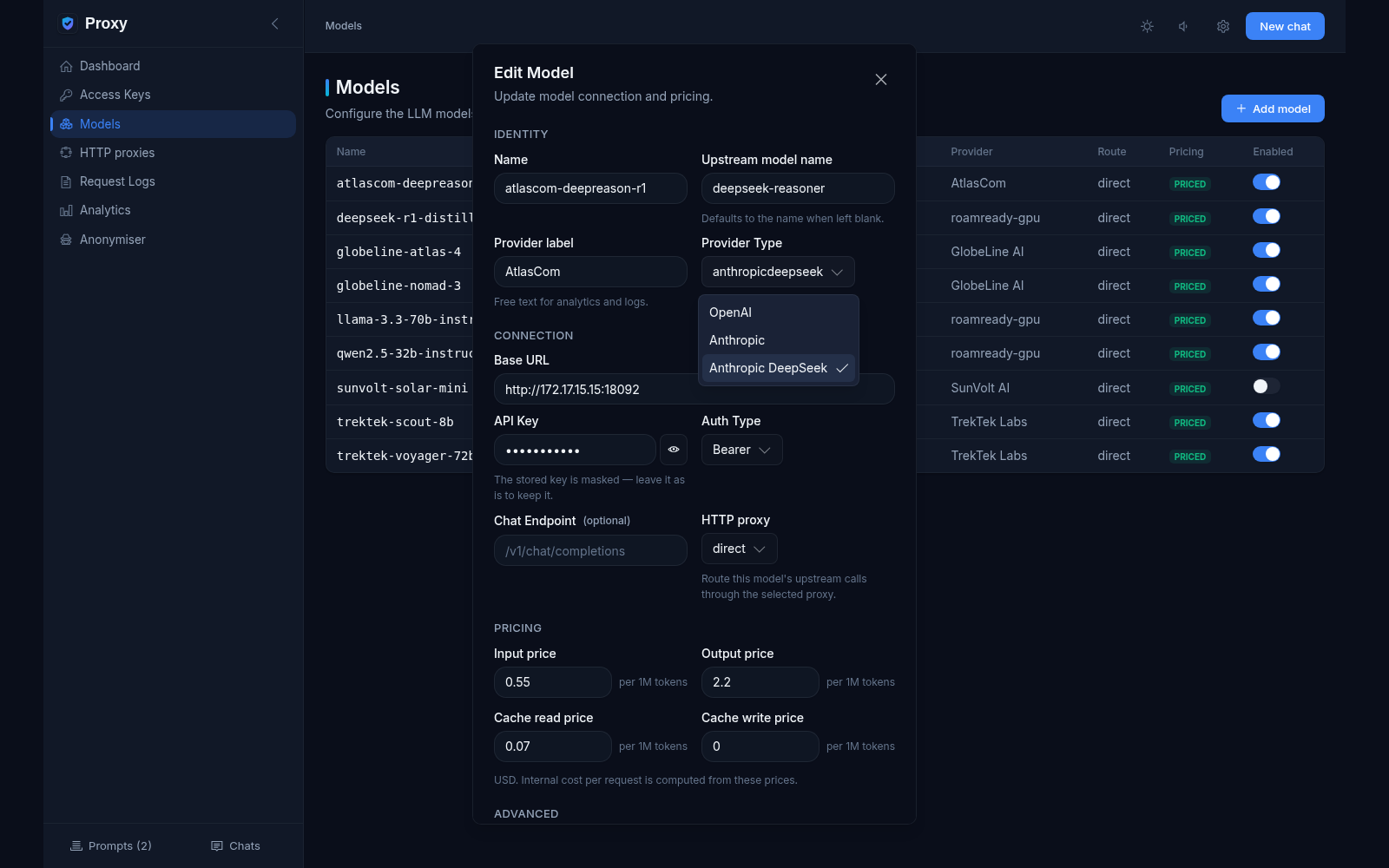 Edit Model dialog for atlascom-deepreason-r1 with the Provider Type menu open: OpenAI, Anthropic or Anthropic DeepSeek — the upstream format of the model