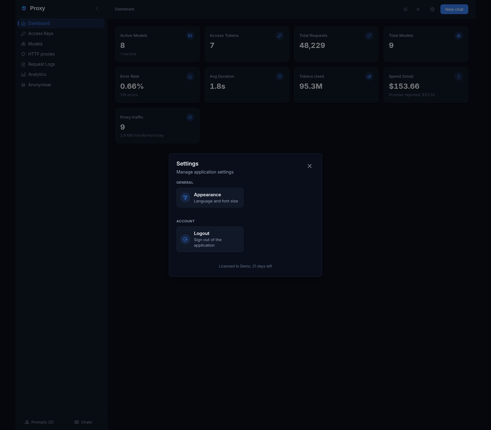 Settings window: the Appearance card (language and font size), the account Logout card and the license line Licensed to Demo, 21 days left