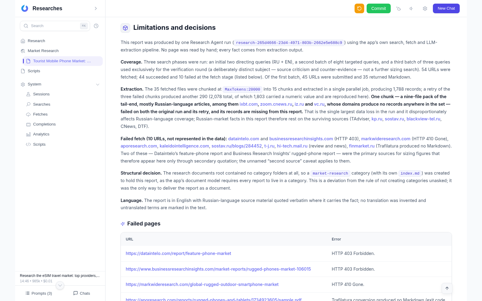 The report's Limitations and decisions section documenting the run itself: search phases, chunked extraction, failed pages and the structural decisions taken