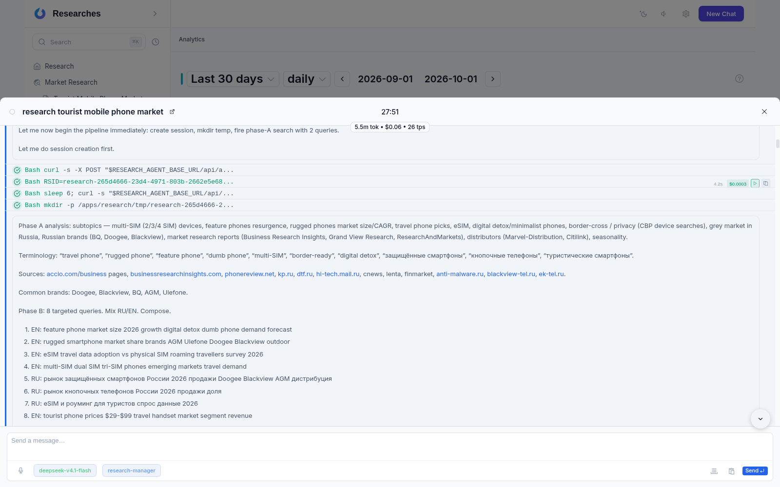 An agent chat inside the research app: assistant analysis, Bash tool rows, per-message costs, and the run's token and cost badge