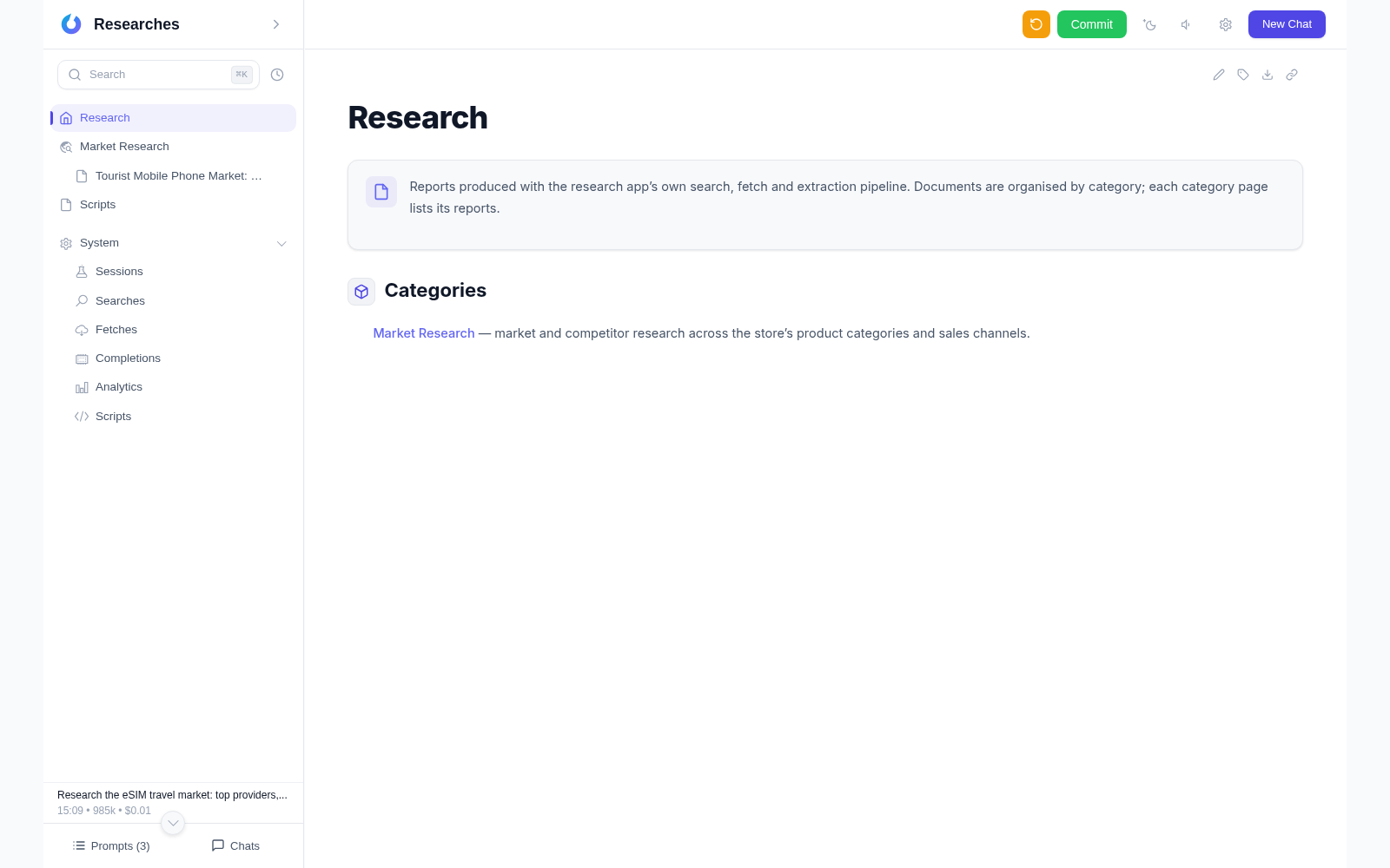 The research library root: the Market Research category index page produced by the app's own pipeline