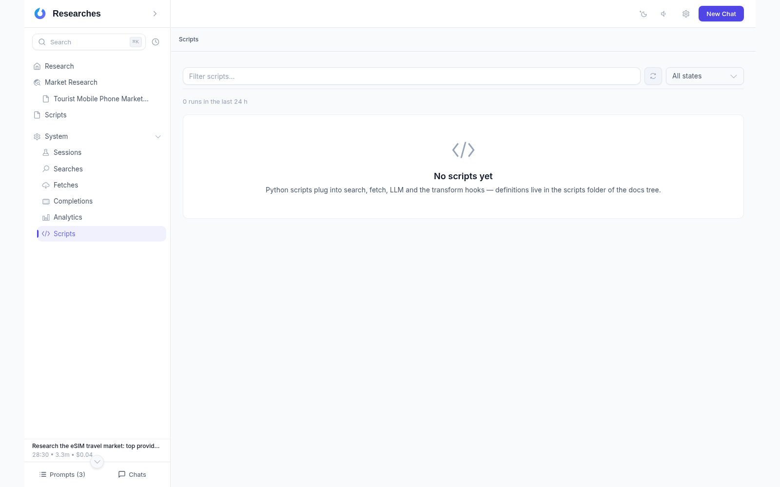 The Scripts section: no scripts configured in the demo yet — the empty state explains how Python scripts plug into search, fetch, LLM and transform hooks
