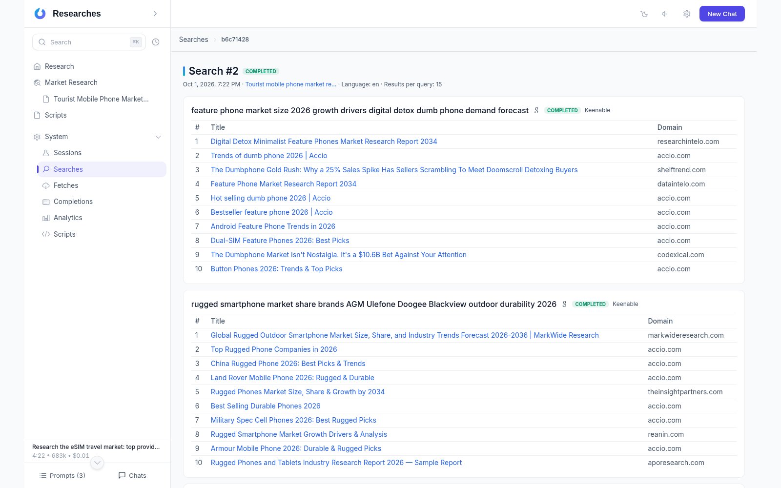 Search session detail: query blocks with the Keenable provider chip, ranked results and their domains