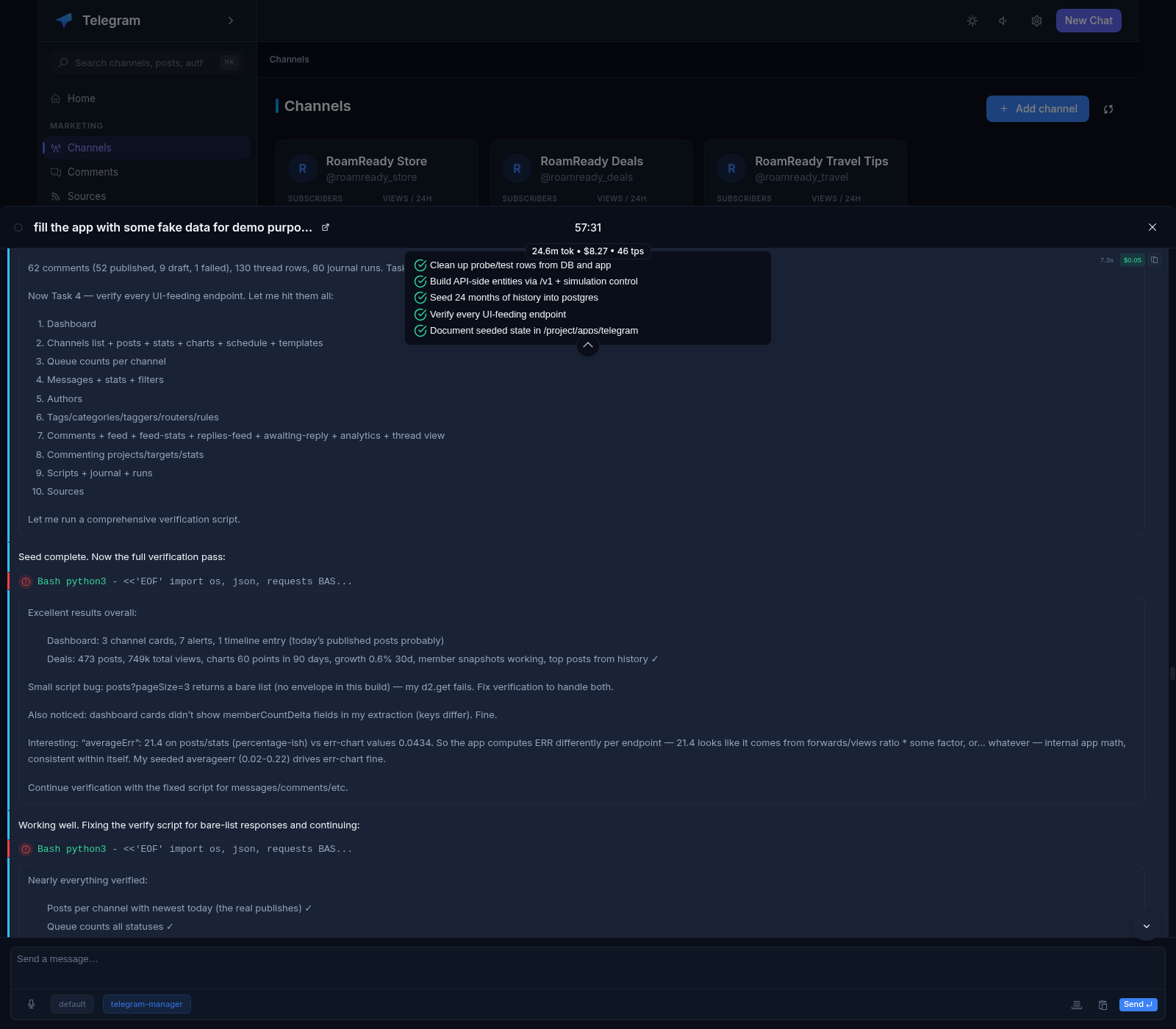 Agent chat drawer over the app: the telegram-manager session with its todo list, usage stats, transcript of reasoning with tool calls, and a composer with model and skill chips