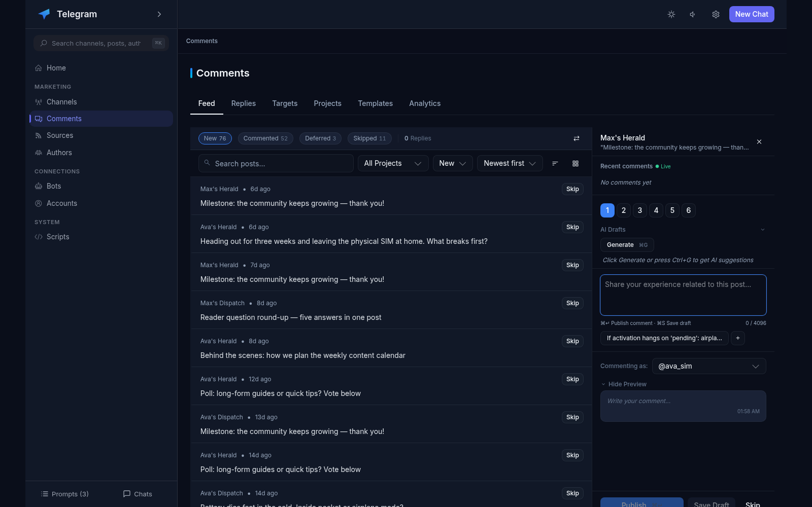 AI comments desk: feed of posts from monitored channels (76 new, 52 commented) with the comment editor offering six comment types, an AI Drafts section with Generate, and the target-channel and publishing controls