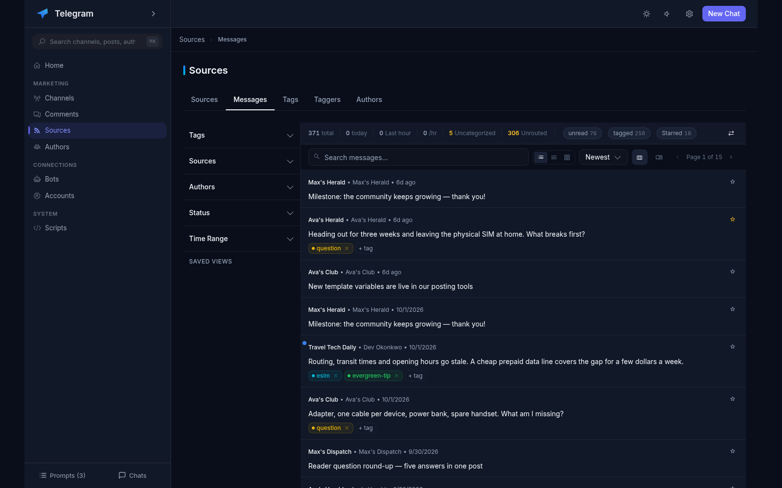 Message feed with 371 collected messages: filter sidebar for Tags, Sources, Authors, Status and Time Range, unread and tagged counters, search, layout toggles and pagination