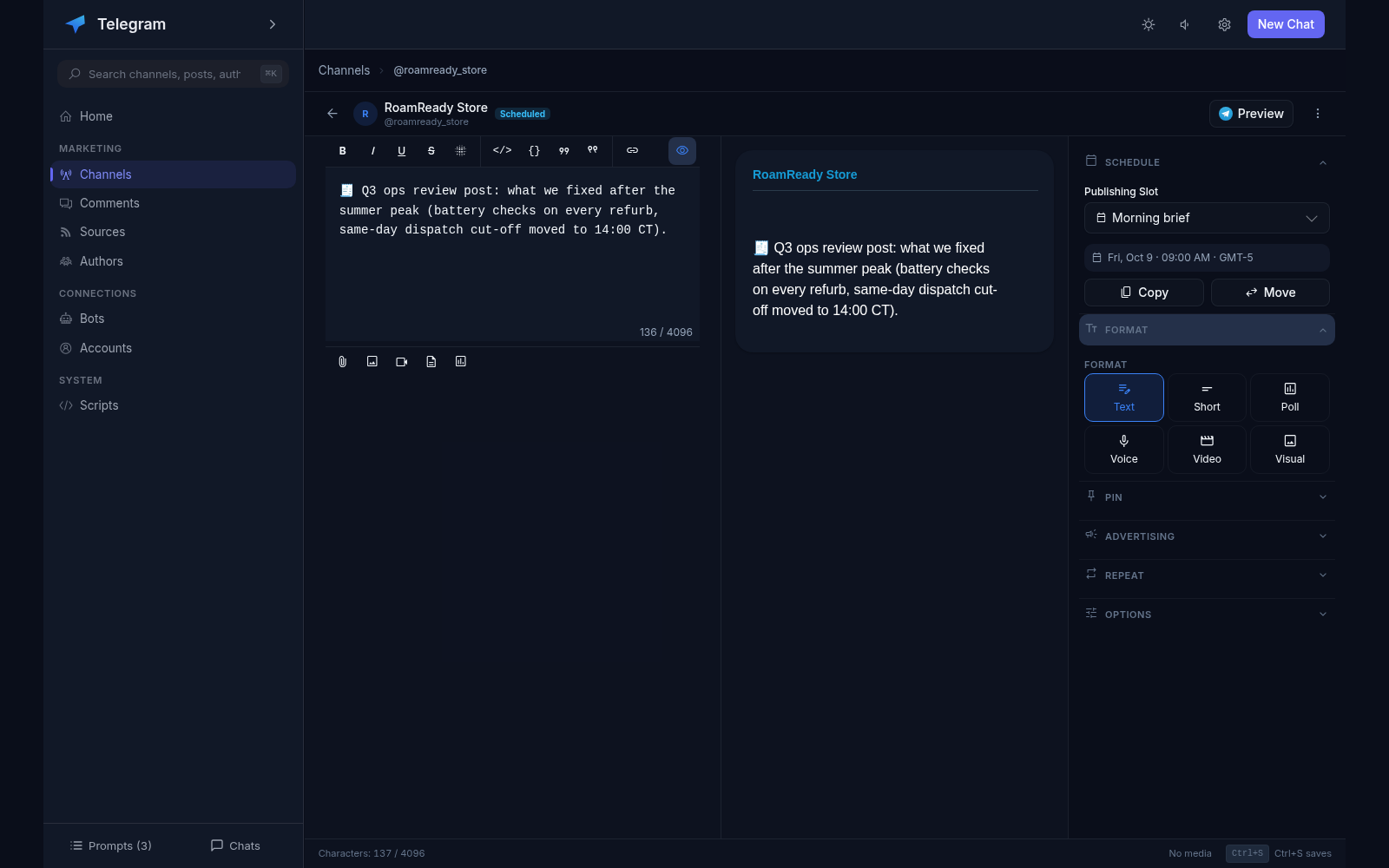 Edit Post screen for the RoamReady Store channel: post text with character counter and a live Telegram preview beside it, plus the Schedule panel (Publishing Slot: Morning brief, Fri, Oct 9 at 09:00 AM GMT-5) and the Format picker (Text, Short, Poll, Voice, Video, Visual)