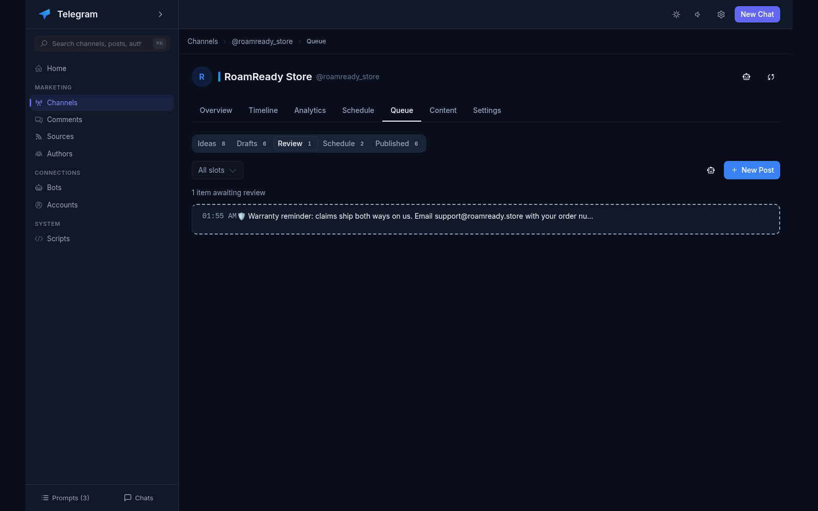 Content queue of RoamReady Store with pipeline tabs Ideas 8, Drafts 6, Review 1, Schedule 2 and Published 8, and one item awaiting review