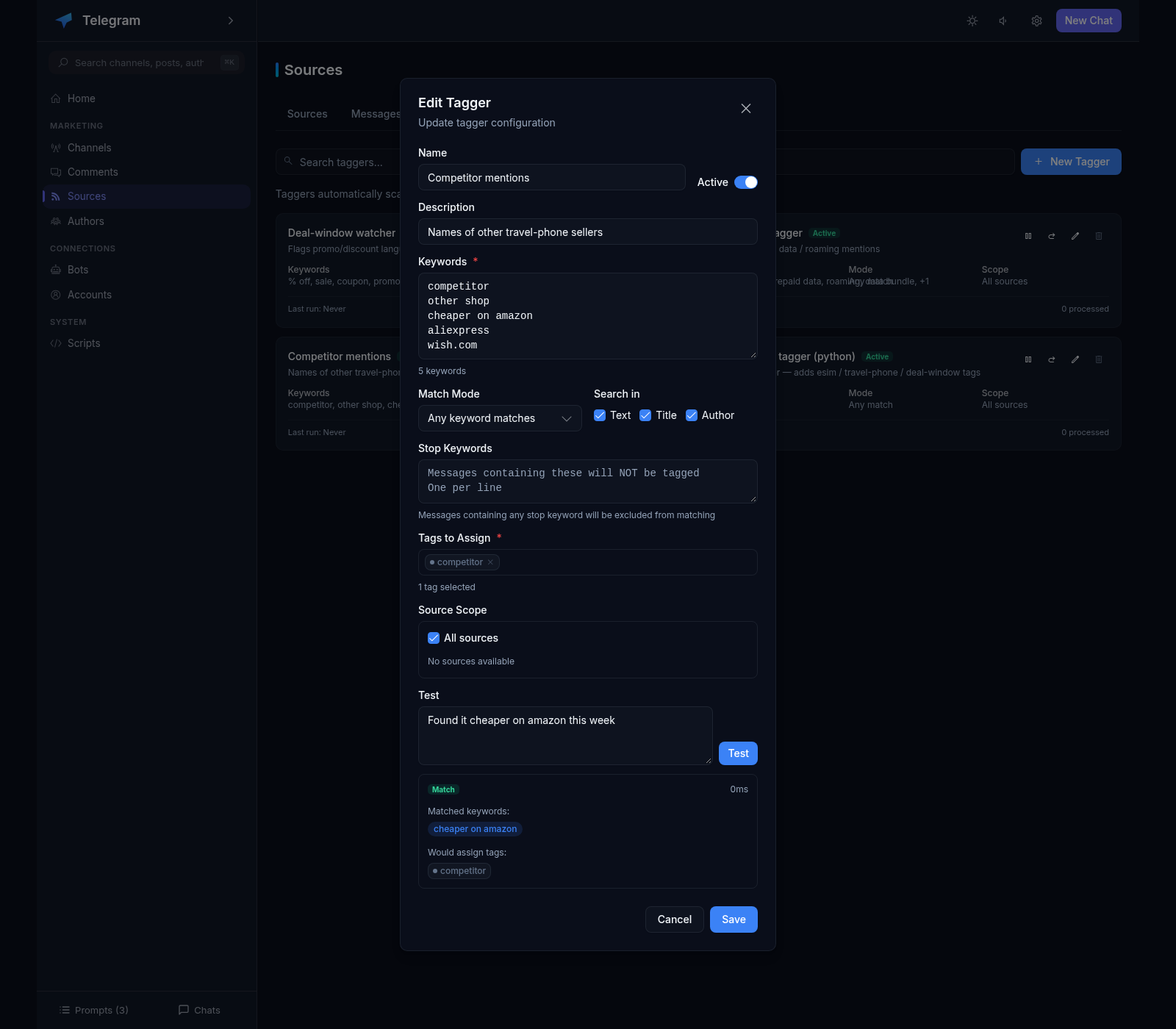 Keyword router editor: the Competitor mentions tagger with its keyword list and a test panel matching the phrase cheaper on amazon to the competitor tag