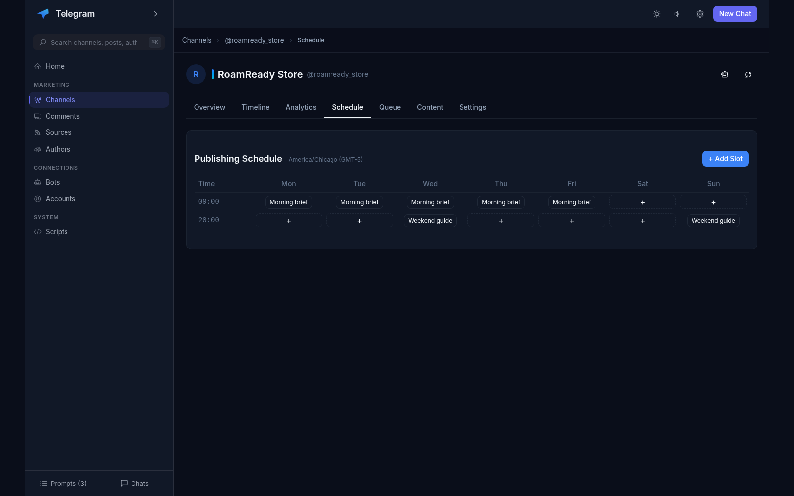 Publishing schedule grid for RoamReady Store (America/Chicago, GMT-5): Morning brief slots at 09:00 on weekdays and Weekend guide slots at 20:00, one week at a glance