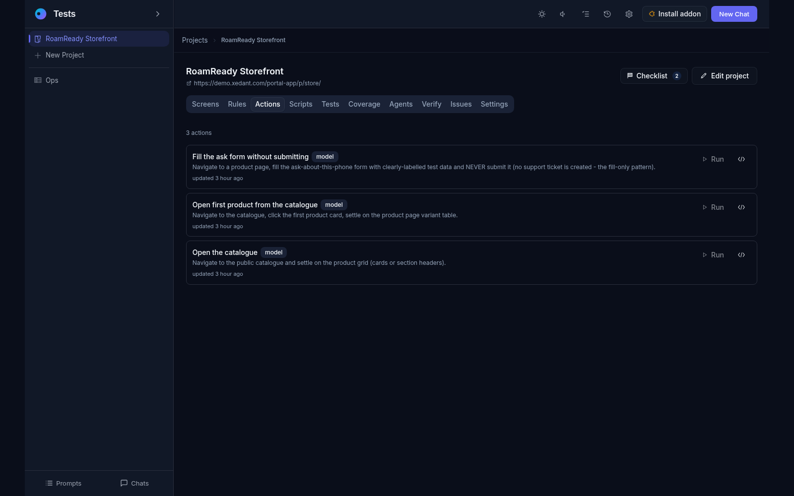 The Actions tab: three recorded actions with descriptions, a model chip marking agent-authored scripts, and Run buttons