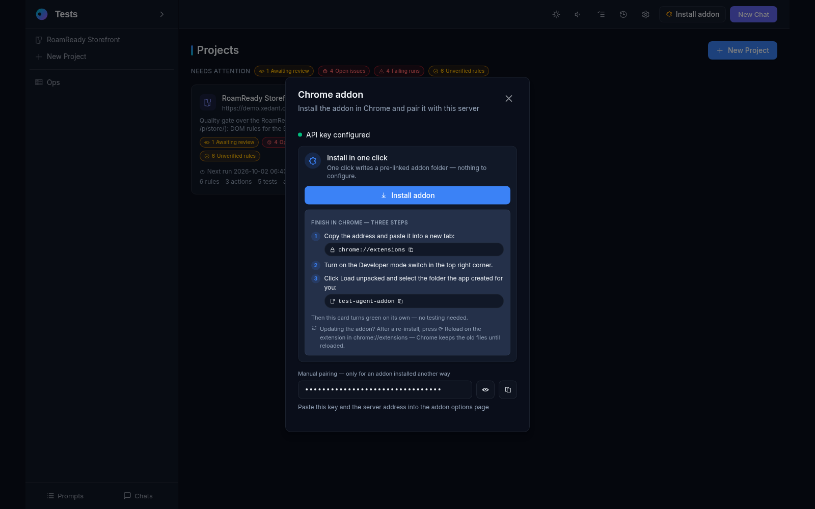 The Chrome addon dialog: one-click install of the pre-linked extension folder, the three Chrome loading steps, and manual pairing with the server key